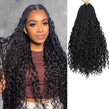 Goddess Box Braids Crochet Hair for Women 18 Inch 8 Packs Black Boho Crochet Box Braids with Curly Ends Pre Looped Crochet Braid Hair 1B, 18 Inch