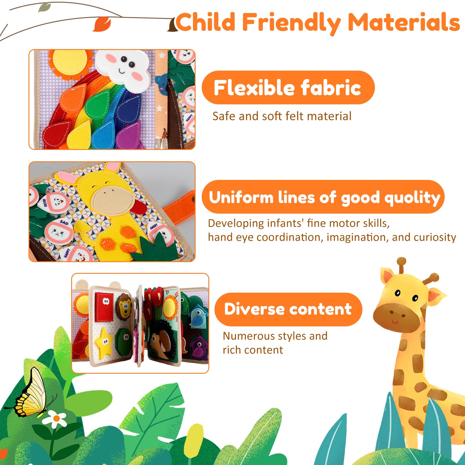 Alongen Busy Board Montessori Speelgoed vanaf 1, 2, 3 jaar, Quiet Book Activity Board van zacht vilt, sensorisch speelgoed voor vroege opvoeding en reizen, kleuterschool, leeractiviteiten