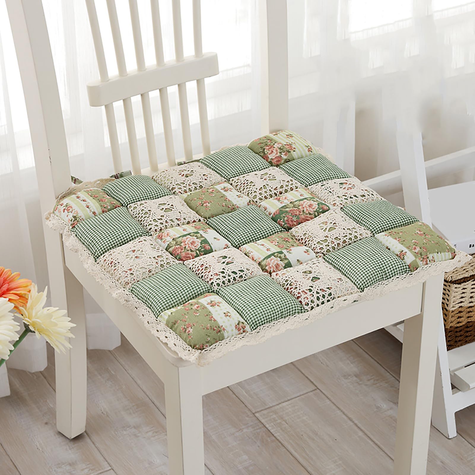 Patchwork Chair Pad with Ties, Square Lace Seat Cushion Non-slip Seat Pad, Farmhouse Flower Print Kitchen Dining Chair Cushion for Home Office Use(1pcs(16x16inch), Blue1)