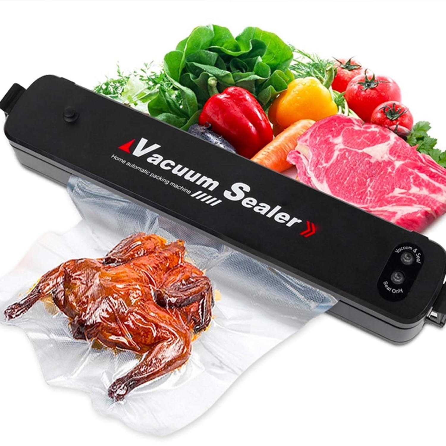 Automatic Vacuum Sealer Machine for Food Preservation Storage Saver Sealing System, Intelligent LED Indicator Lights,with Drainage Holes baffles Starter Kit Inclued15 PCS Bags Black
