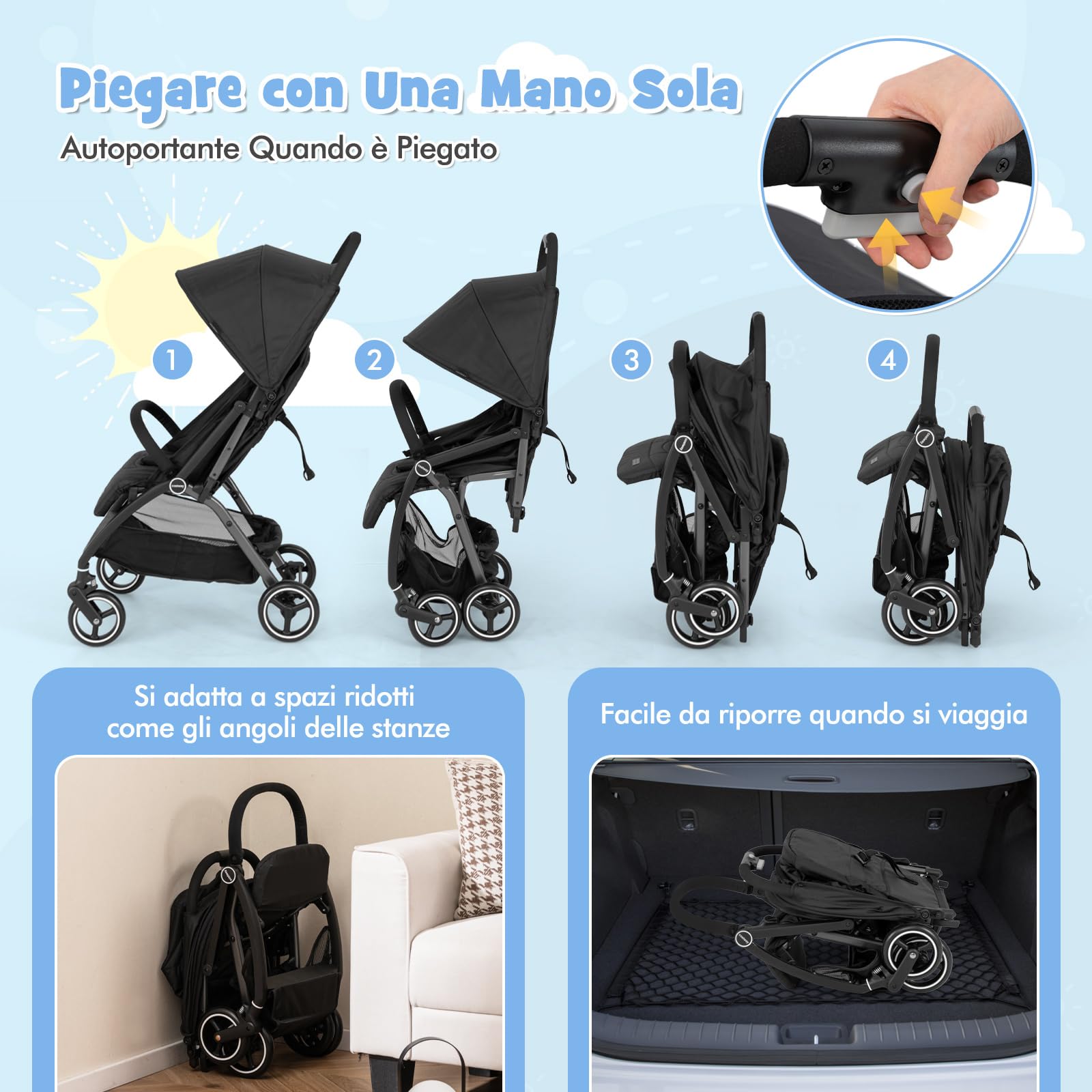 COSTWAY Passeggino Leggero per Bambini, Passeggino Pieghevole con Schienale Regolabile, Tettuccio, Cintura di Sicurezza a 5 Punti, Cestello Portaoggetti, per Bambini 0-36 Mesi (Nero)