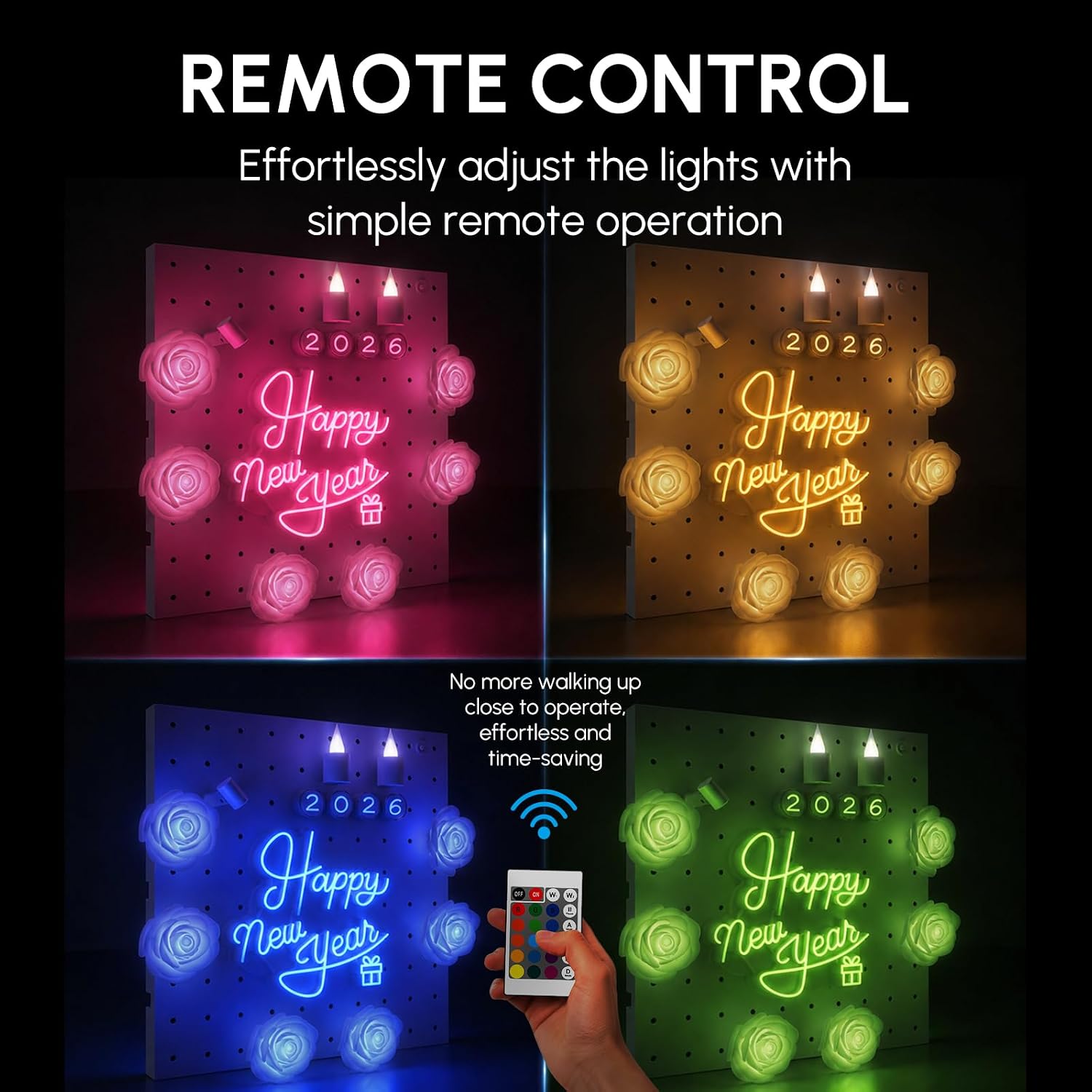 New Year Light Up Letters Sign Board Set with Base, 10 Universal Letters, 2 LED Candle Lights, 6 Flower Lights, 1 Spot Light, Remote Control, DIY Luminous Display for New Year Party Decoration Indoor Outdoor image 4