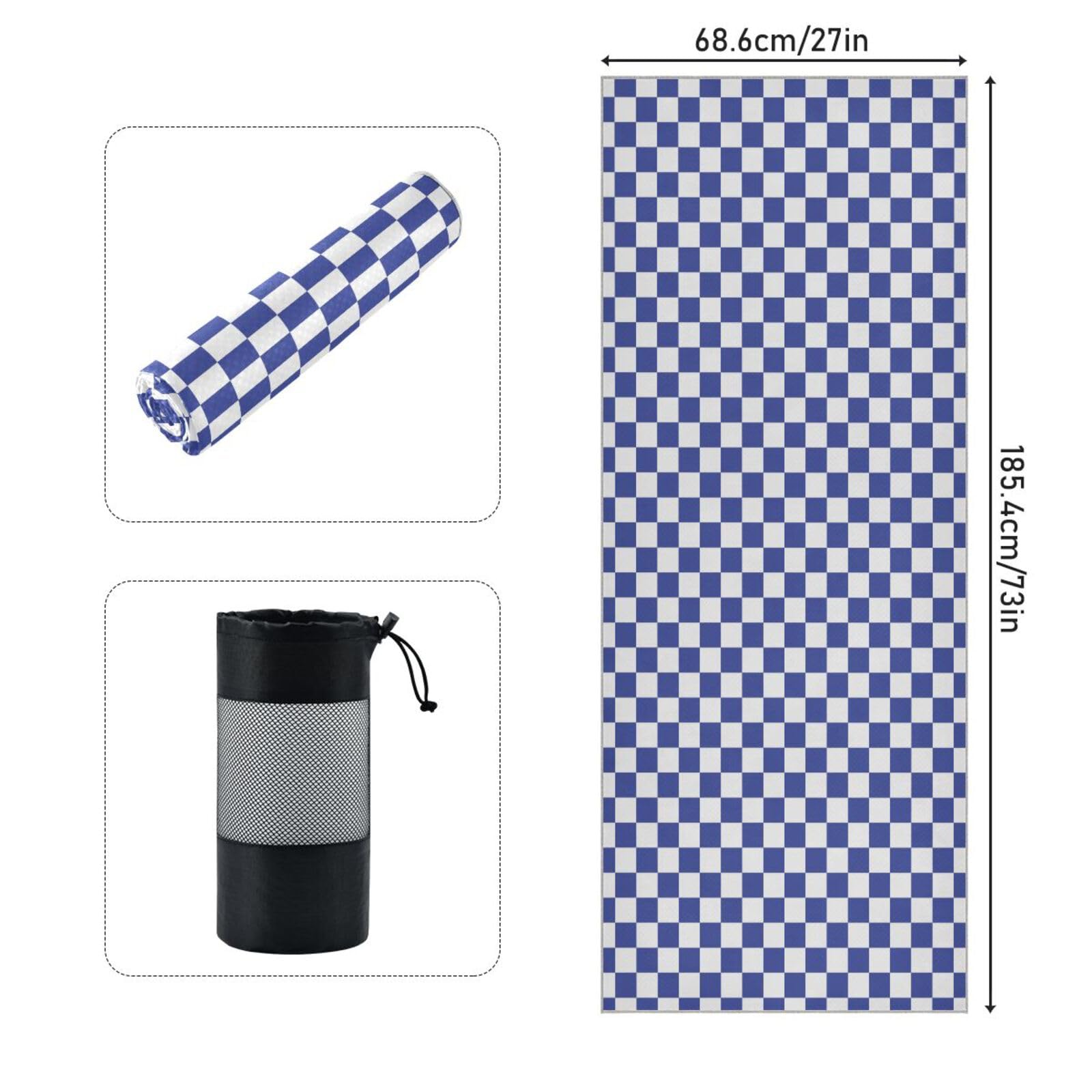 pnyoin Yoga Towel Blue White Checkered Hot Yoga Mat Towel with Grip Dots Sweat Absorbent Non-Slip for Hot Yoga, 24