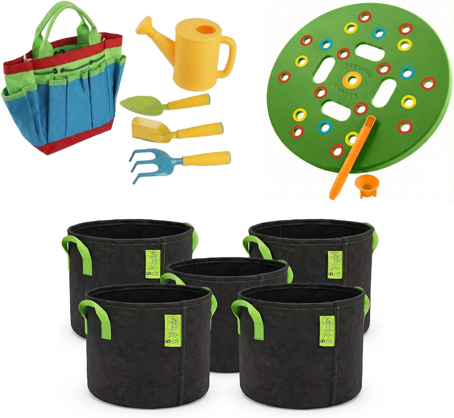 Kids Gardening Tool Set + 5 Gallon Grow Bags + Seeding Circle Bundle – Kids Garden Kit for Container Gardening, Planting & Growing