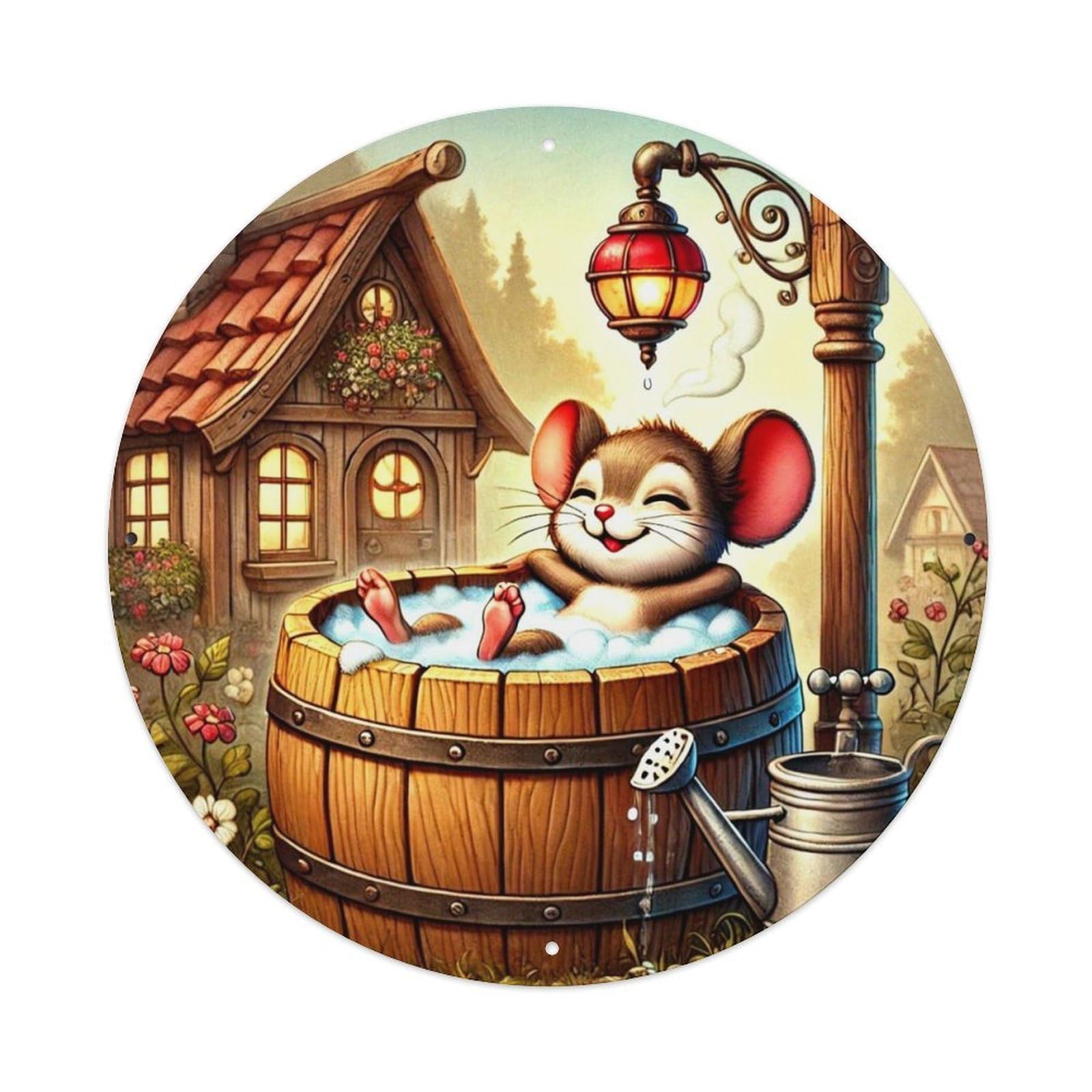 Cute Mouse Bathing Barrel House Retro Metal Sign Round Tin Sign, Vintage Decor Art Poster for Bar, Home, Man Cave, Kitchen, Laundry Room Gift 8x8Inch