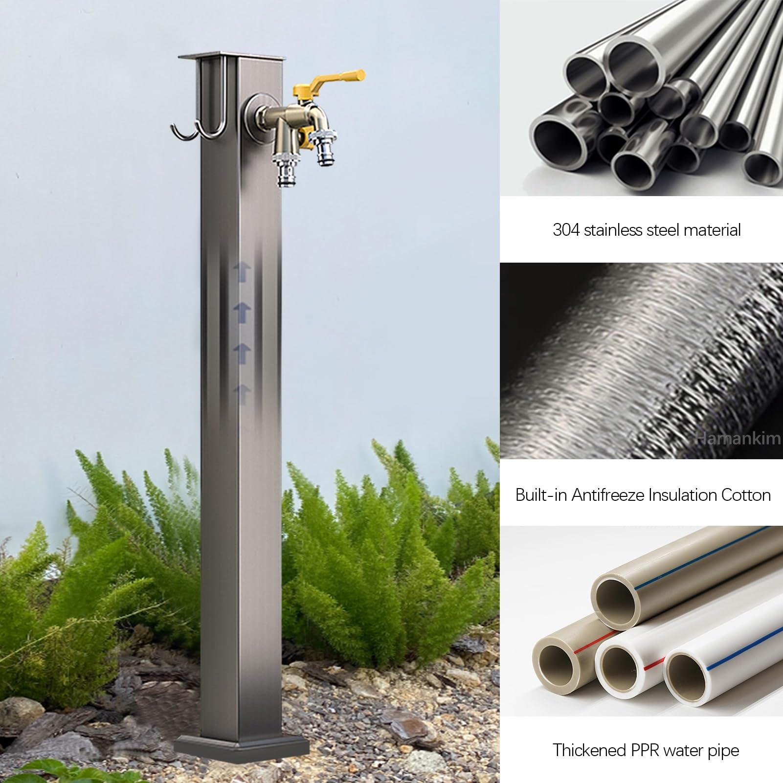 Colonna da Giardino in Acciaio Inox, Rubinetto Indipendente antigelo per irrigazione Esterna, Rubinetto Verticale a Pavimento per pascoli agricoli e Lavaggio