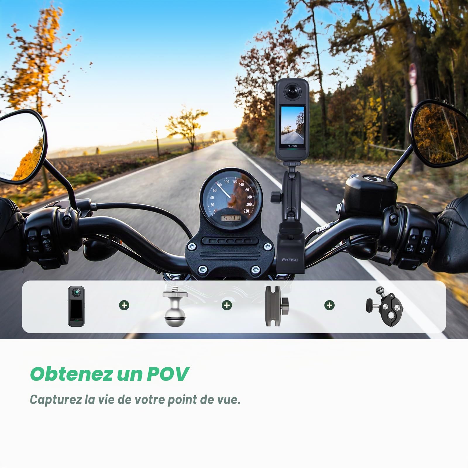 AKASO 360 Kit Moto pour Caméra d'action, Camera Sport à 360° avec Carte Mémoire 128 Go, 5.7K 360 Vidéo, 72MP Photo, SuperSmooth, 2.29" Écran Tactile, Effet Selfie Stick Invisible, Horizon 360° Lock