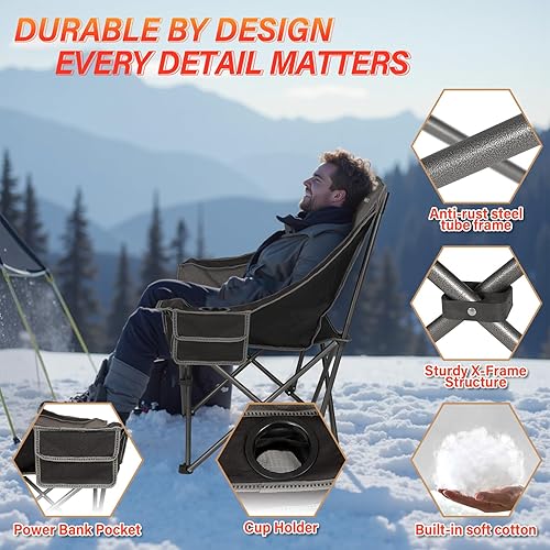 Miniatura 5 de Sillas de campamento térmicas, silla de césped acolchada de gran tamaño con soporte para tazas, ancho y grueso, plegable resistente para patio,
