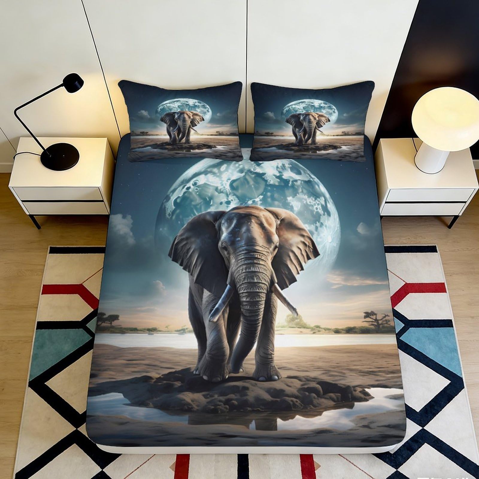 3D Printed Elephant Moon Fitted Sheet Microfiber Soft Bed Cover for Bedroom Dorm Mattress Protection Decor 90x200x25cm