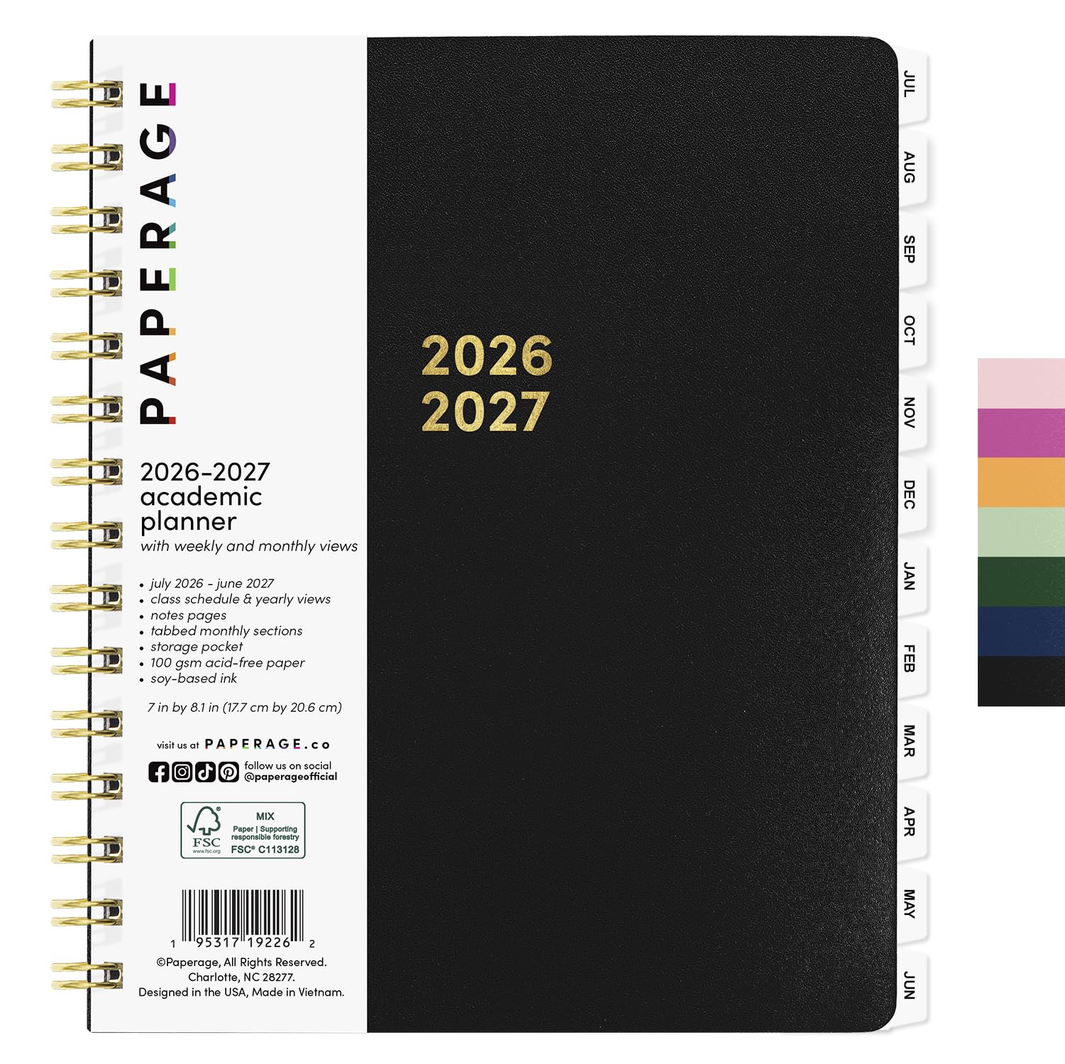PAPERAGE Akademischer Planer, Wochen- & Monatsplaner & Kalender, 12 Monate, Juli 2026 - Juni 2027 (17,8 x 20,3 cm), Schul- & Studentenplanung, Agenda mit Registerkarten, Bonusseiten & Innentasche
