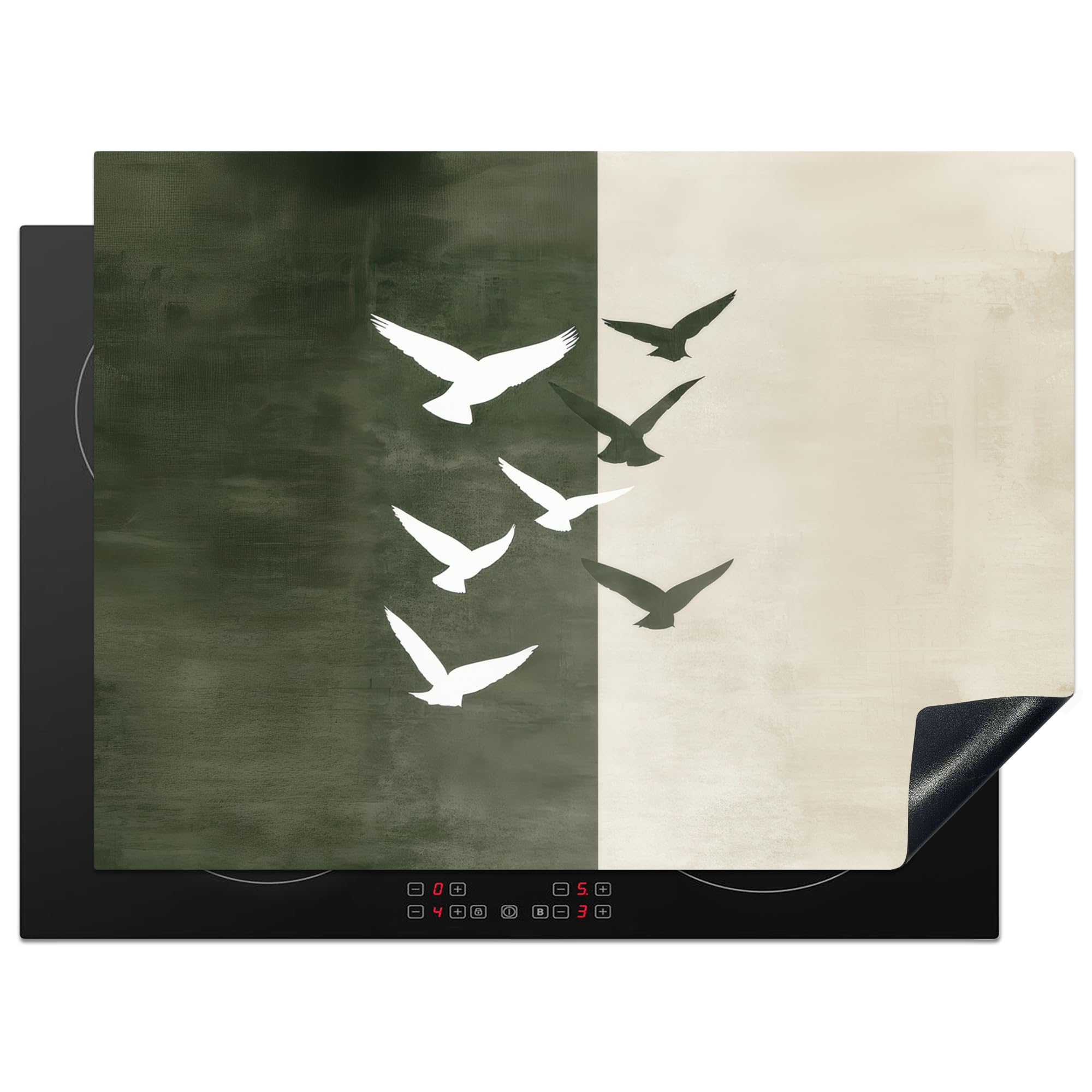 KitchenYeah© Induction Hob Protector Mat 20.5"x28" / 71x52 cm Stove Cap Top Cover Kitchen Cooker Covers for Electric Hobs Vinyl Japandi - Bird - Green