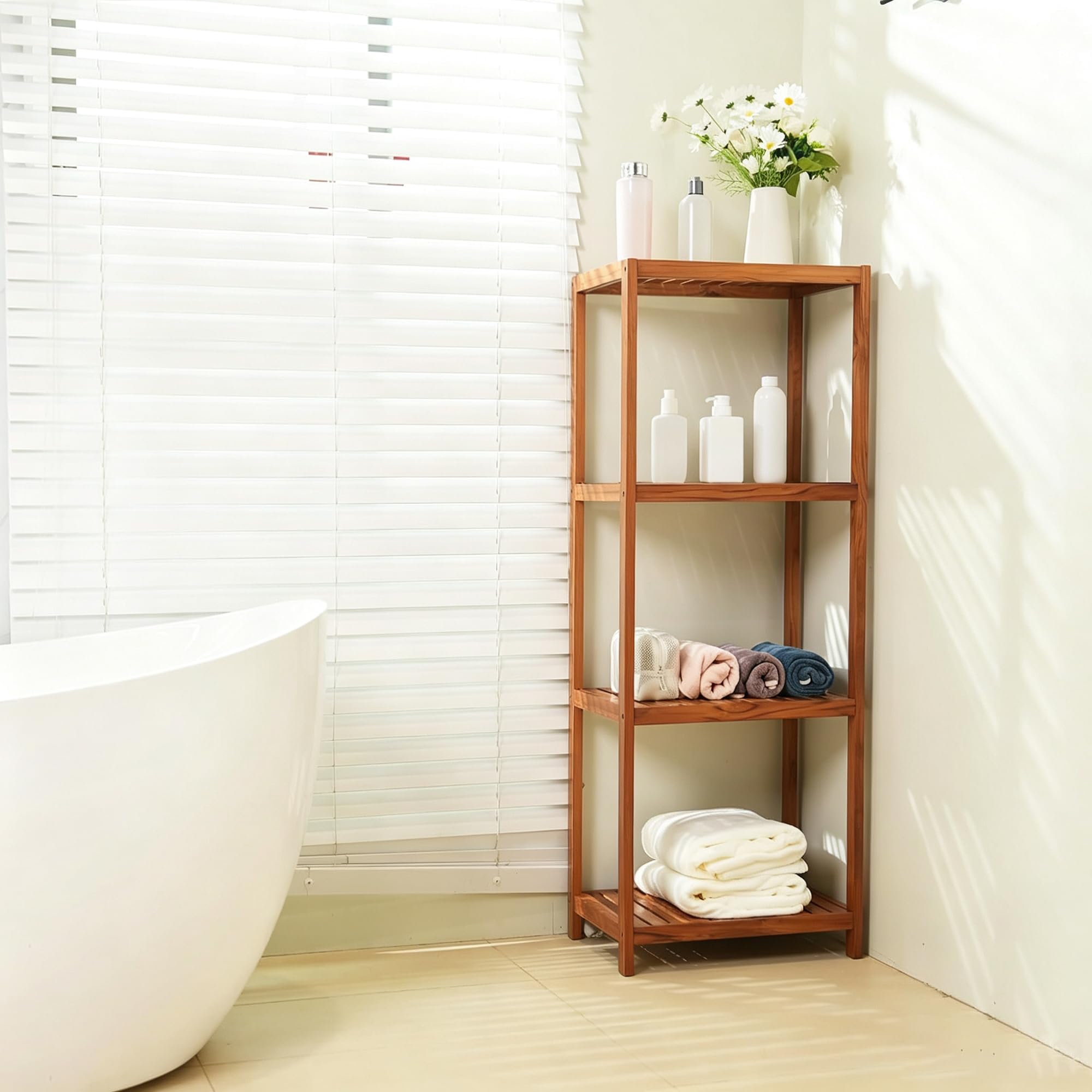 VaeFae Estante de baño de teca, estante de almacenamiento de 4 niveles, organizador de estante de madera para baño, cocina, sala de estar, lavandería, garaje
