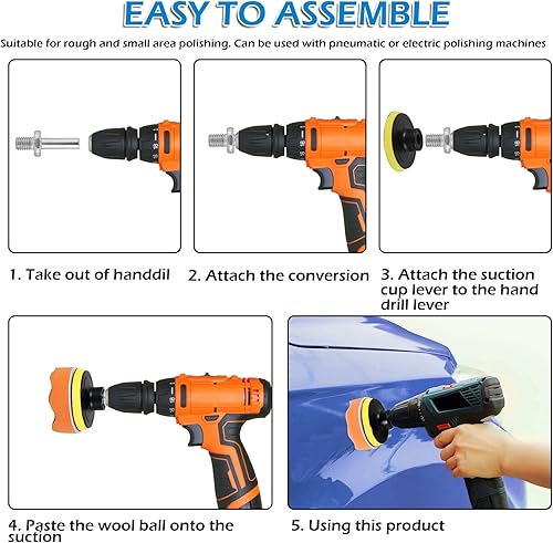 Miniatura 3 de HOTBEST Kit de 29 almohadillas de pulido para automóvil, esponjas de 3 pulgadas y almohadillas de pulido de fibra de lana, adaptadores de taladro y