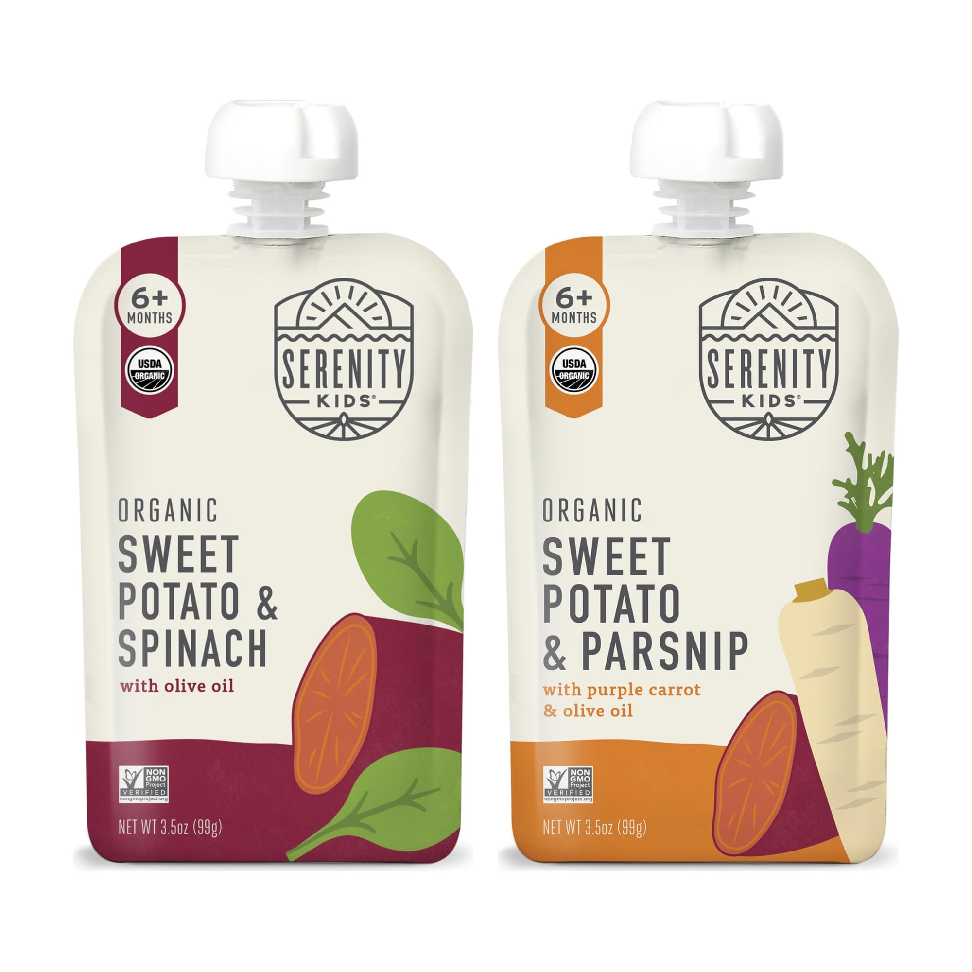 Serenity Kids Organic Veggie Puree Baby Food Pouches Variety Bundle - Sweet Potato and Parsnip with Sweet Potato and Spinach - No Added Sugar Toddler Snacks - 3.5 Oz, Pack of 24, 6+ Months