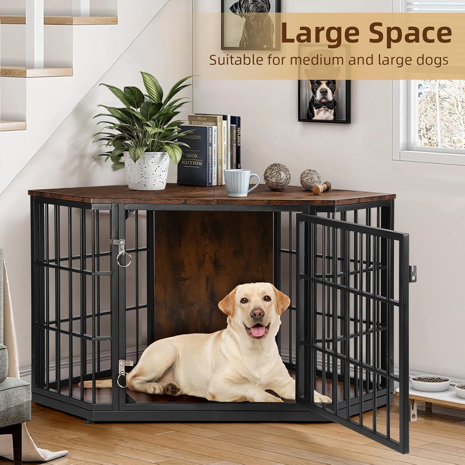 VOWNER 52 Inch Dog Crate Furniture Corner, Wooden Dog Kennel Furniture, End Table Dog Crate for Large Dogs, Indoor Pet Crates Corner Side Table for Dogs, Wide Top Perfect for Limited Room, Brown