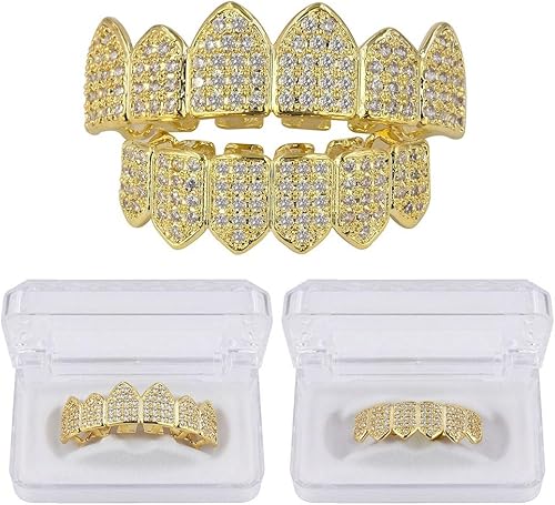 Miniatura 20 de JINAO Grillz - Parrillas de diamantes para tus dientes para hombres y mujeres, chapadas en oro de 18 quilates, con circonita cúbica con barras