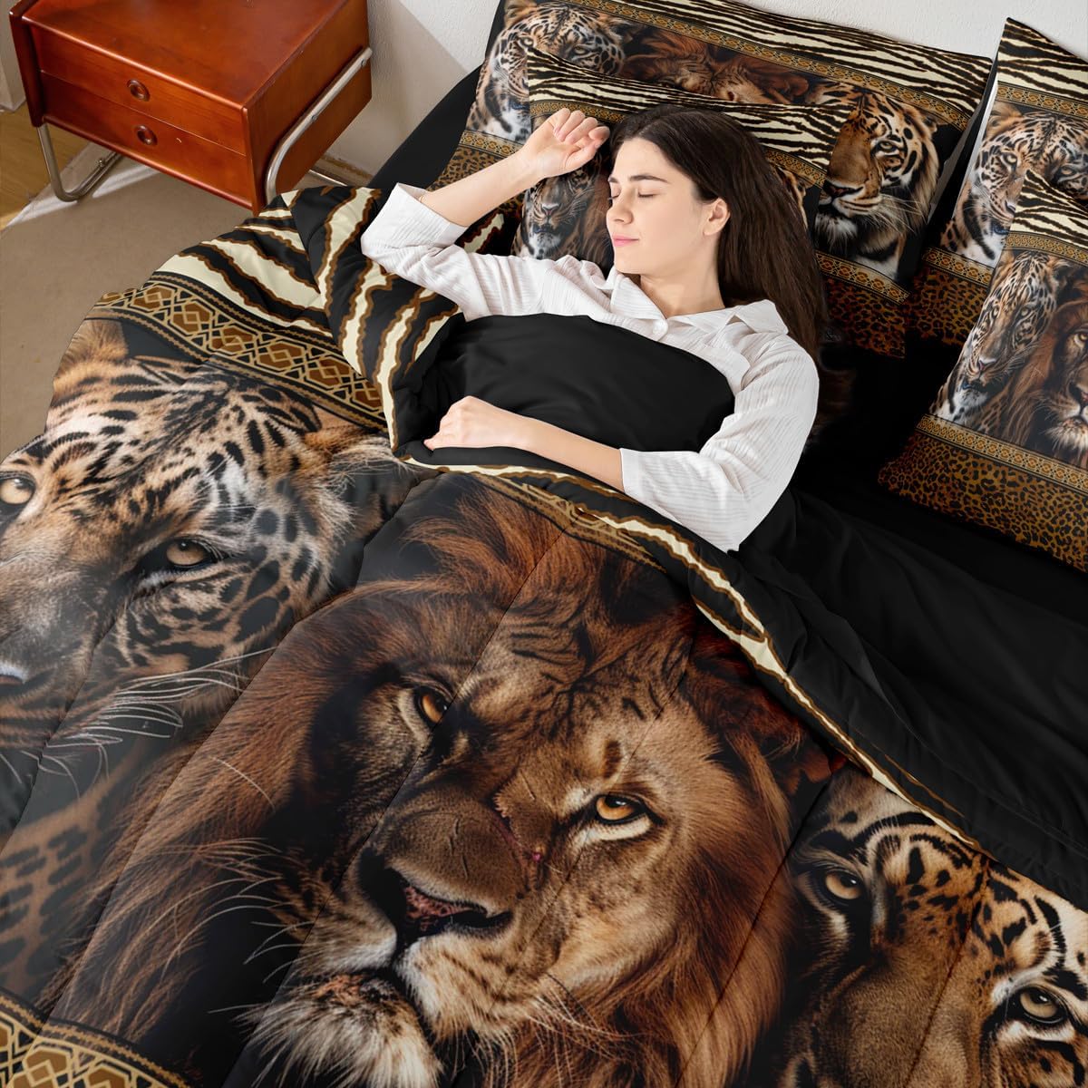 Tiger Lion Cheetah King Bedding Set 7 Pieces,Boho Black Brown Zebra Leopard Fur Stripes Print Comforter Set with Sheets for Kids,African Wildlife Animal Safari Bed Set in a Bag with Pillow Covers