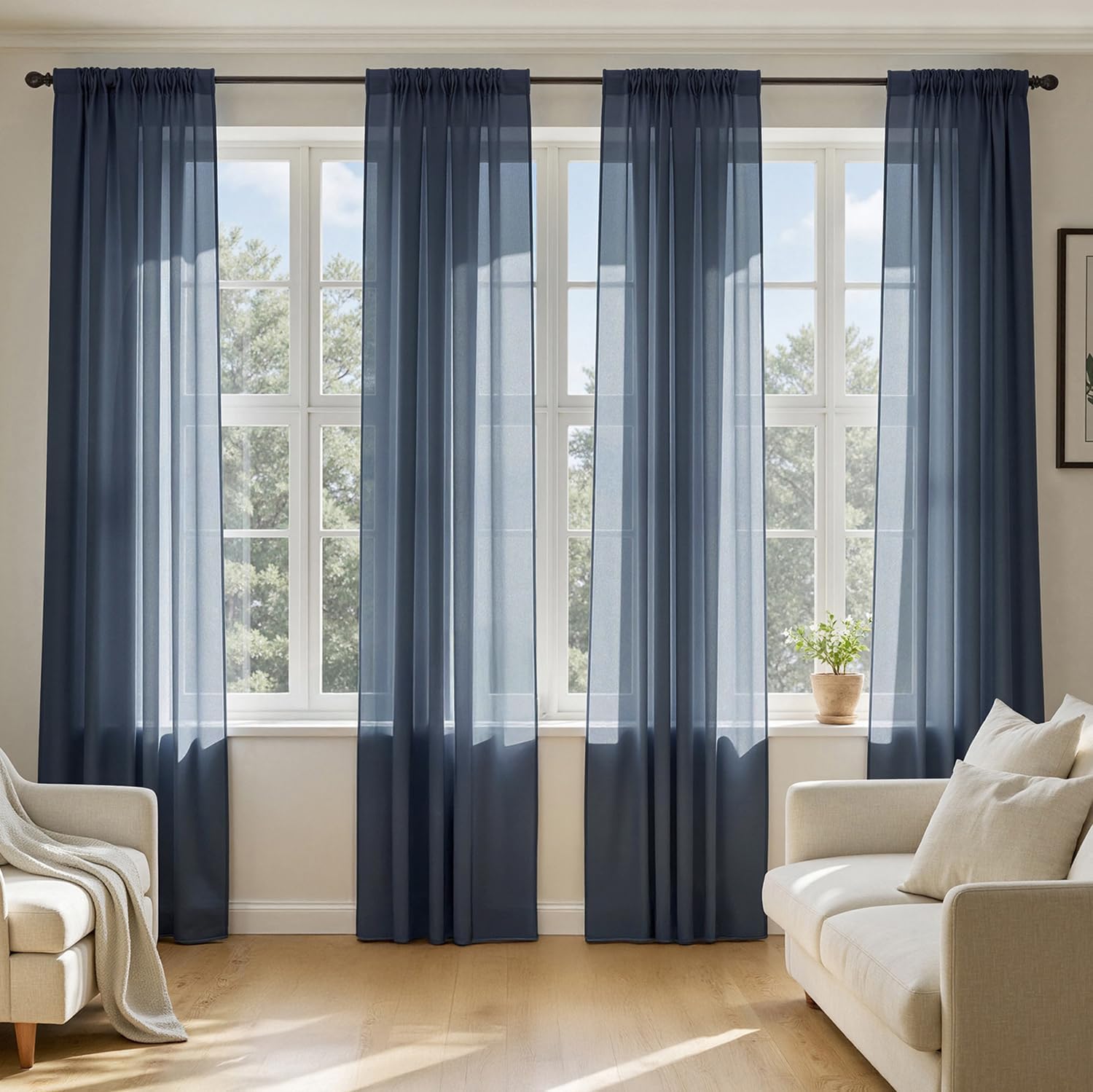 MIULEE Navy Blue Sheer Curtains 84 Inches Long, 4 Panels Set, Light Filtering Rod Pocket Voile Drapes Window Treatments, Semi Transparent Airy Fabric for Bedroom and Living Room, 42 x 84 Inches 42"W x 84"L (Pack of 4) Navy Blue
