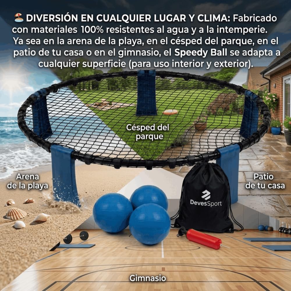 DevesSport Speedy Ball Ensemble complet avec filet de rebond (Ø 90 cm) pour plage, jardin et extérieur Set complet avec 3 ballons, pompe et sac de transport