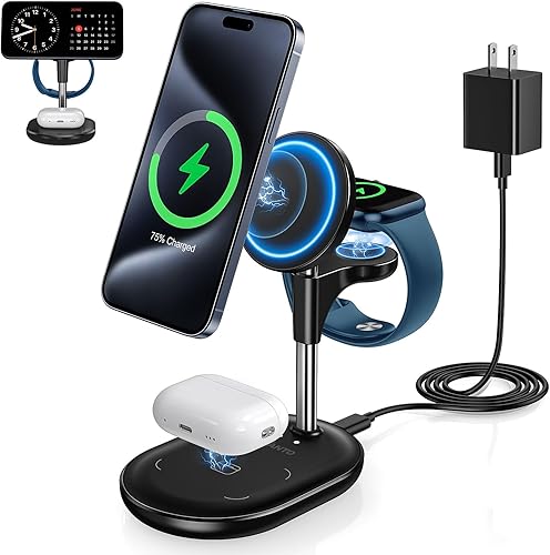 Miniatura 2 de Hevanto Soporte cargador 3 en 1 Mag-Safe para iPhone, AirPods y Apple Watch, paquete de 2 (negro y rosa pálido)