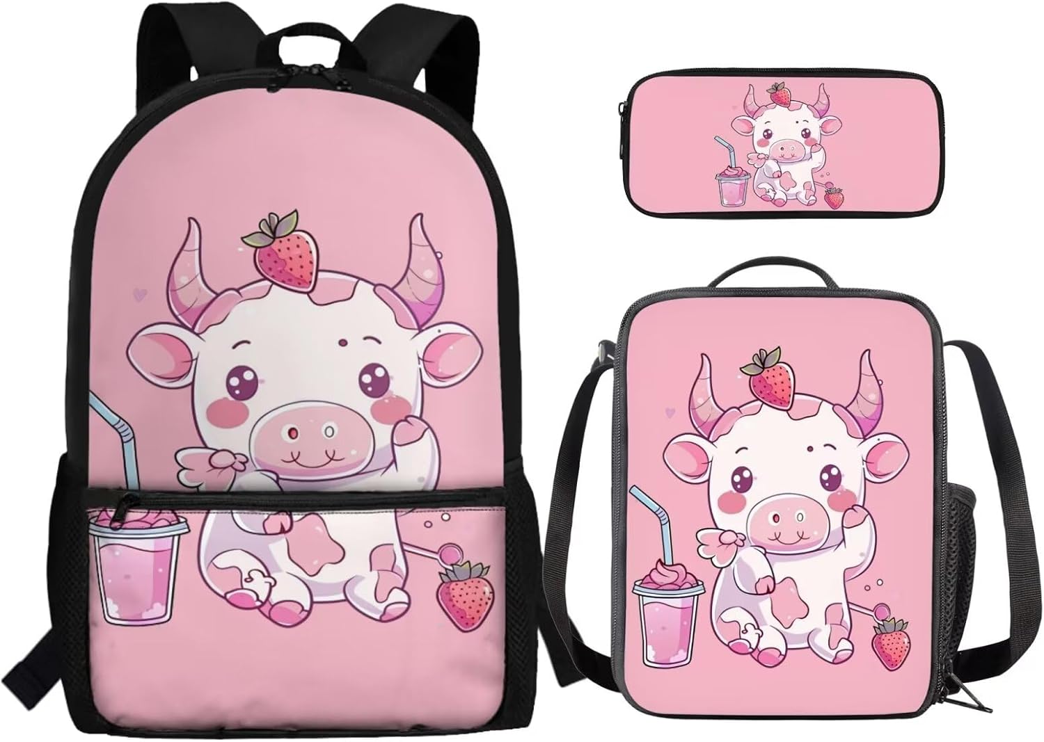 Cow Strawberry Backpack 5th Grade with Lunch Box for Girls Cute Cartoon School Bag and Lunch Bag Elementary School Bookbags/Lunchboxes/Pencil Case for Age 6 7 8