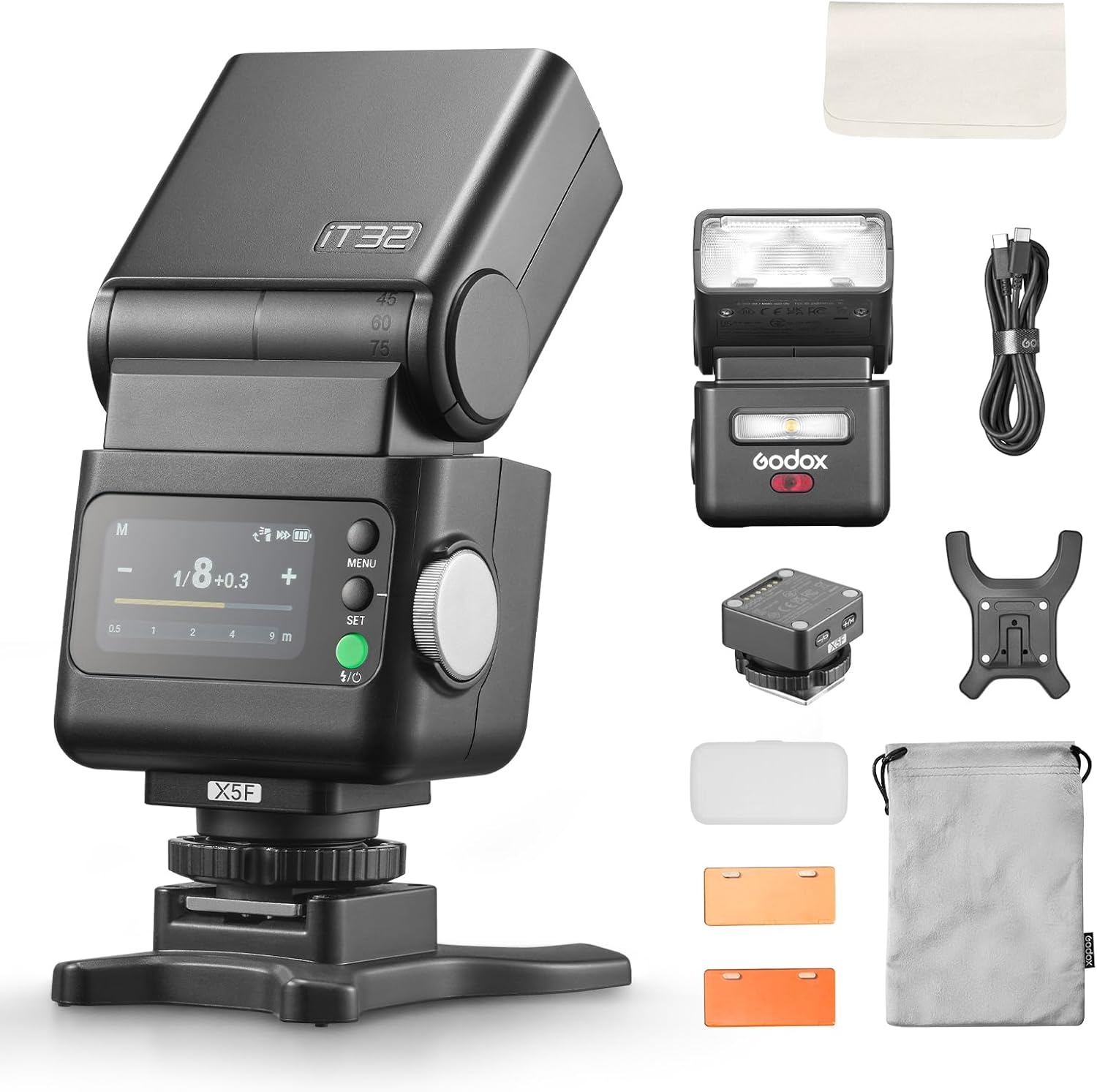 Godox iT32 Flash Speedlite with X5F Trigger for Fujifilm Cameras, Detachable Magnetic Hotshoe/Trigger, 2.4G TTL HSS, USB C Charge & Built-in Battery, LED Modeling Light, Touch Screen Flash Speedlight
