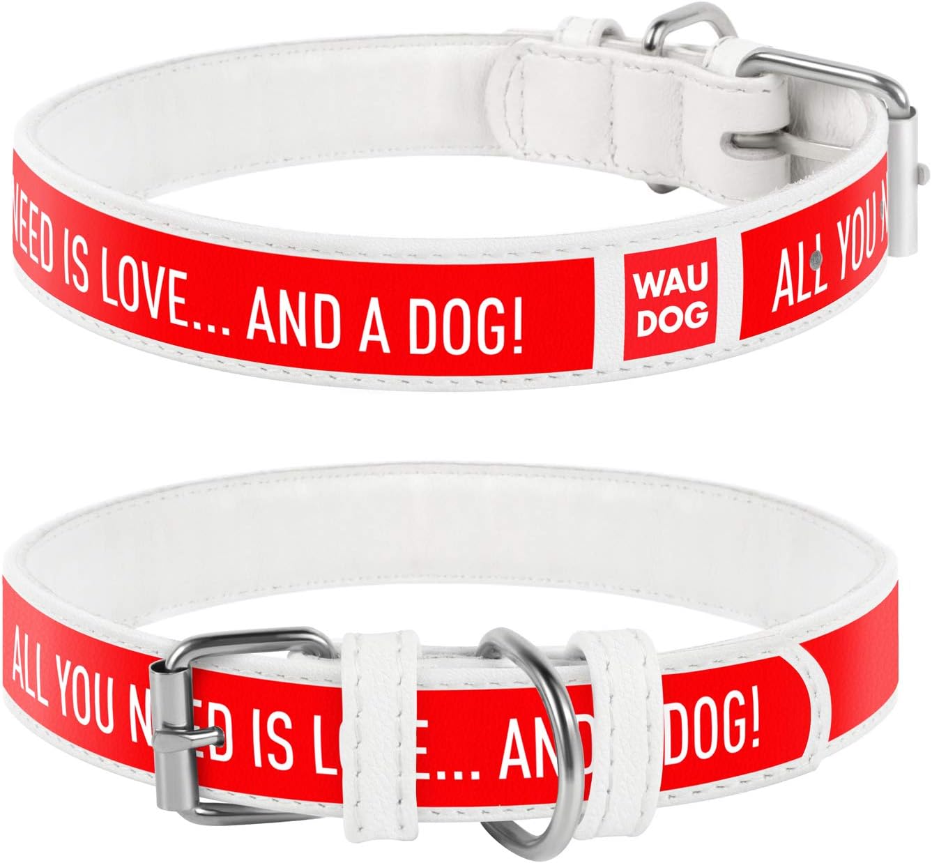 WAUDOG Design Leather Dog Collar for Puppy Small Medium and Large Dogs Yoga Dog - Boy & Girl Leather Dog Collar - Leather Buckle Dog Collar (14 3/5" - 18 4/5" Neck * 1" Wide, White)