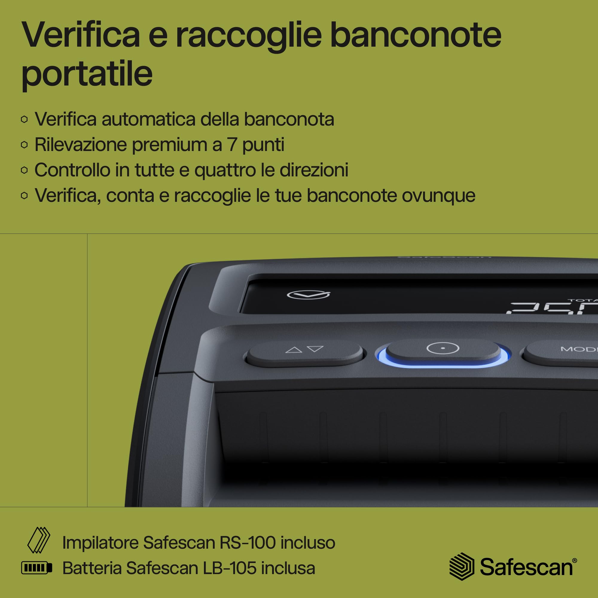 Safescan 155-S Verifica banconote portatile completo che verifica le banconote - Verificatore del falso a 7 punti - Accurato Verifica banconote al 100% con batteria e impilatore banconote inclusi
