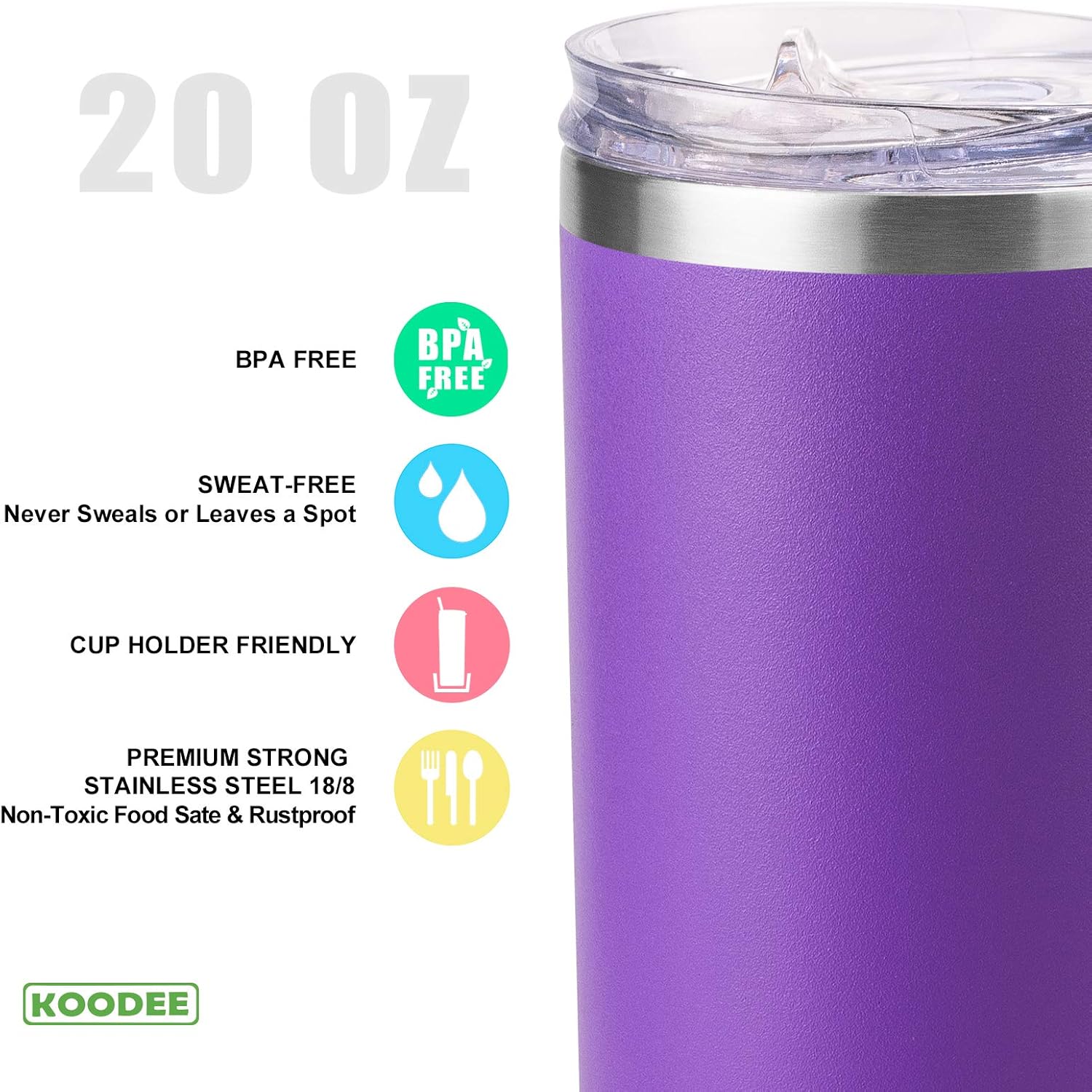 koodee 20 oz Tumbler with Lid and Straw-4 Pack Skinny Tumbler Stainless Steel Double Wall Insulated Coffee Cup (Sky Blue/Pink/Purple/Black - Image 4