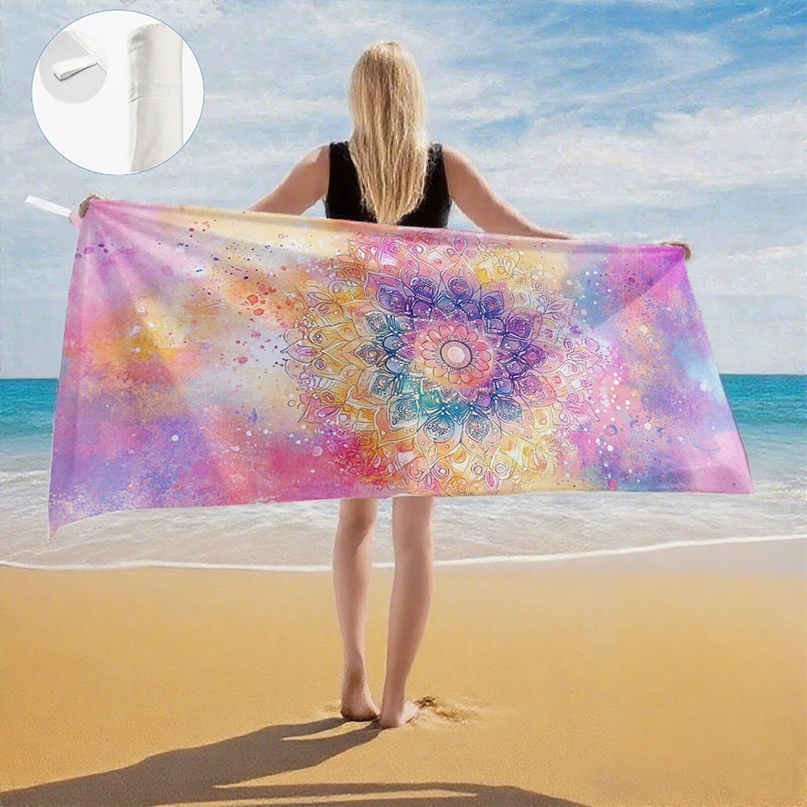 Serviette Plage Frais Motif, Serviette de Plage XXL 90x180 cm avec Sac, Serviettes de Bain Microfibre Séchage Rapide Anti-Sable Absorbante Fonction pour Bain, Sport, Voyages, Sauna, Piscine Q-970