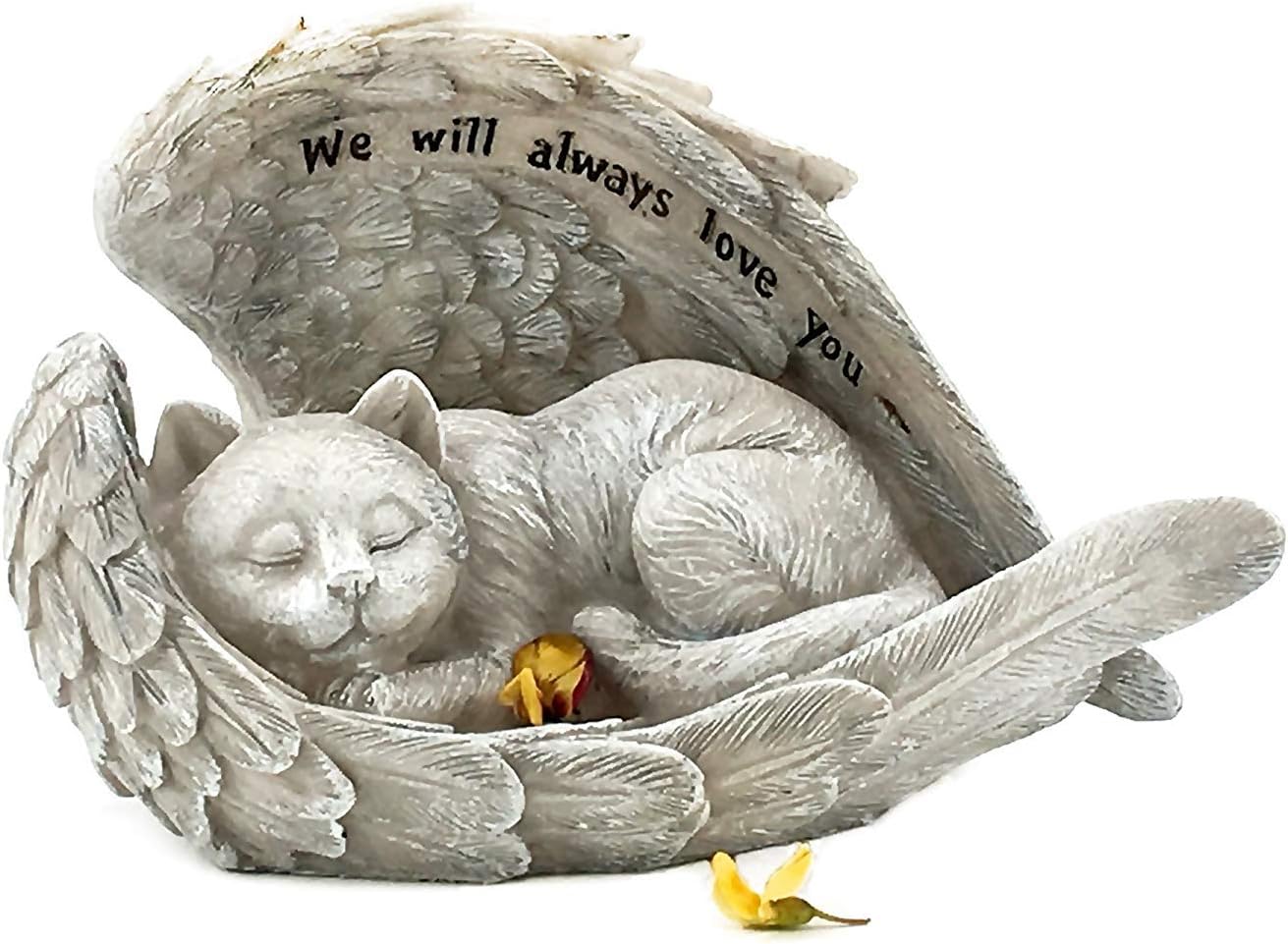 Bellaa 22878 Cat Angel Figurine Memorial Statues Sympathy Baby Pet with Wings Tombstone Outdoor Garden Sculptures 9 inch