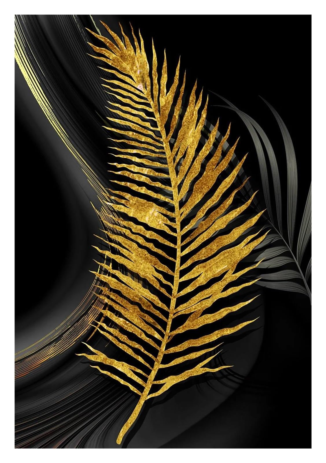 Tableau déco nature feuilles dorées affiche art mural et toile noire salon 30x40