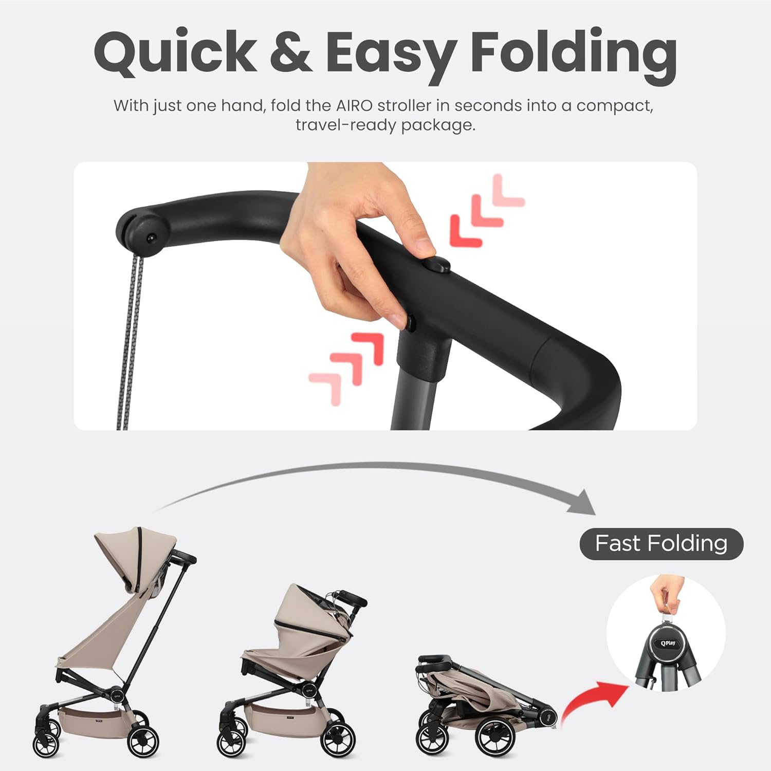 QPlay Travel Stroller for Baby & Toddlers Ages 6 Months to 4 Year Old – 9.48lbs Lightweight & Ultra-Compact Umbrella Stroller with One-Hand Fold, Airplane Carry-on Size, Reclining Seat (Beige)