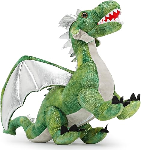 Vista 2 de Juego de 7 juguetes de peluche de dragón verde gigante de 21.7 pulgadas, animal de peluche con 4 bebés y 2 huevos, dinosaurios de peluche para niños