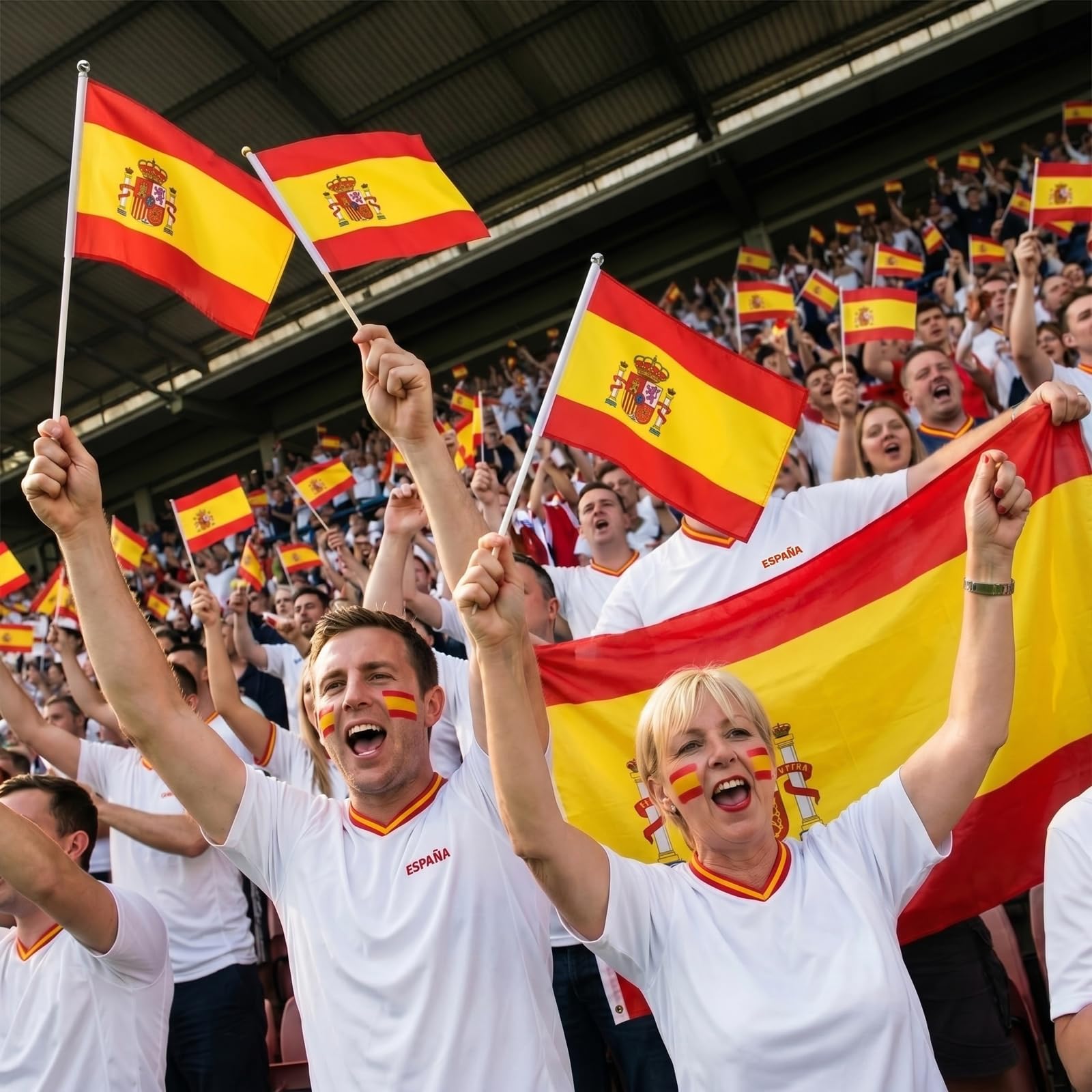 Banderas de Mano España 14x21 cm 10 Unidades Poliéster con Palo para Fútbol y Eventos
