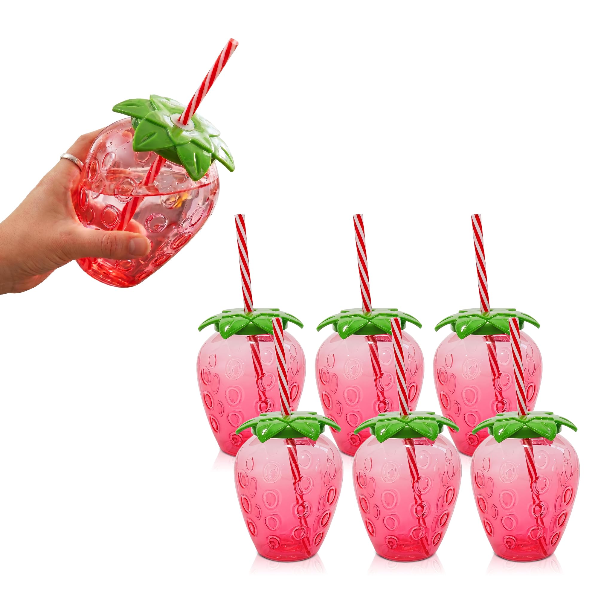 Lizzy 6 Pack Strawberry Cup with Straw 500ml Reusable Plastic Fruit Tumbler with Removable Striped Straw Fun Drinking Cup for Parties BBQ Picnics Summer Outdoor Juice Water Cups