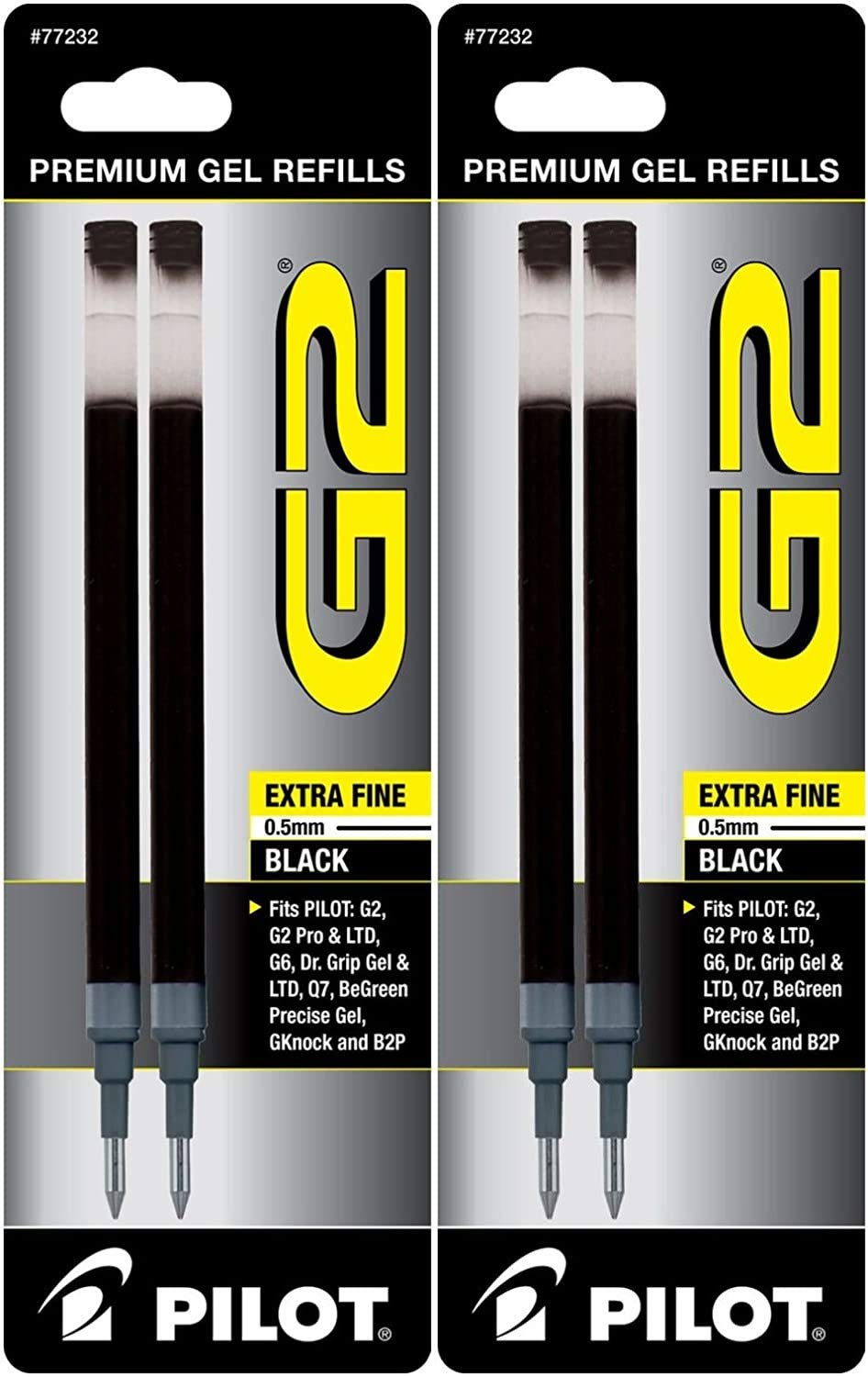 PILOT G2 Gel Ink Refills For Rolling Ball Pens, Extra Fine Point, Black Ink, (77232), 2 Pack of 2