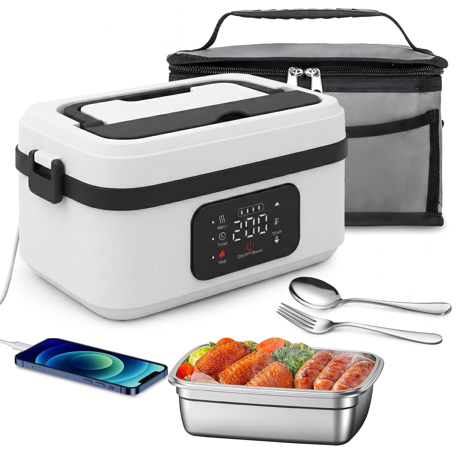 Fiambrera Electrica Calentador de Comida Portatil 1L Tupper Electrico con Batería, Recargable USB-C, Temporizador, Táper Eléctrico Acero Inoxidable con Bolsa Térmica y Cubiertos para Coche y Trabajo