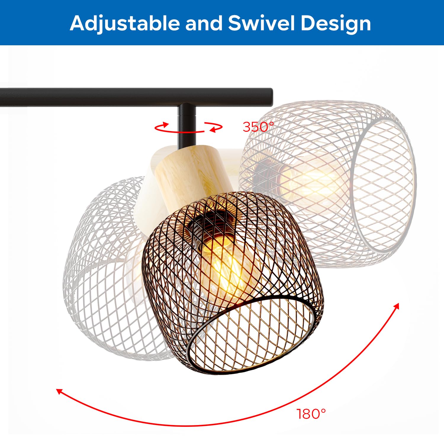 ANWIO Deckenstrahler 6 Flammig Schwarz – Deckenleuchte Industrial Holzdetails & Apfel-Drahtkorb – Lange Schwenkbare Lampe E14 für großes Wohnzimmer & Esszimmer (Ohne Leuchtmittel)
