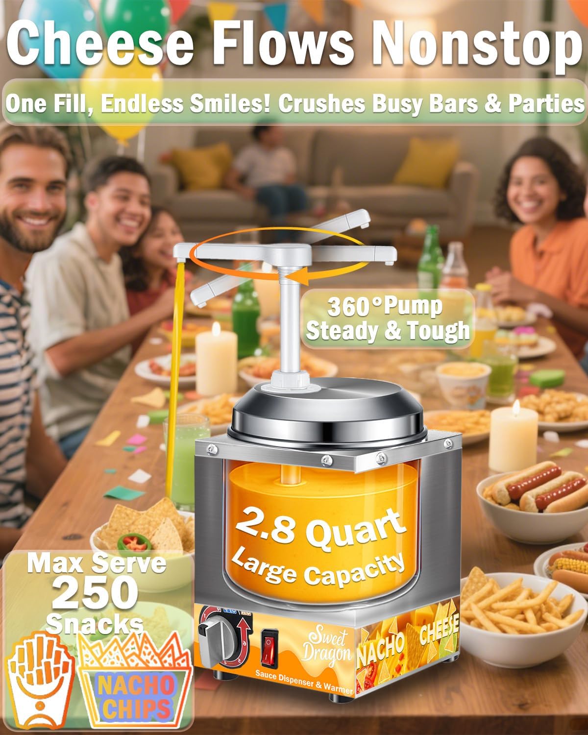 Nacho Cheese Dispenser with Pump, 2.8 Qt Nacho Cheese Warmer, Stainless Steel Hot Fudge Cheese Melter Warmer W/6-Level Temperature Adjustment, Commercial Sauce Dispenser for Butter Syrup Caramel