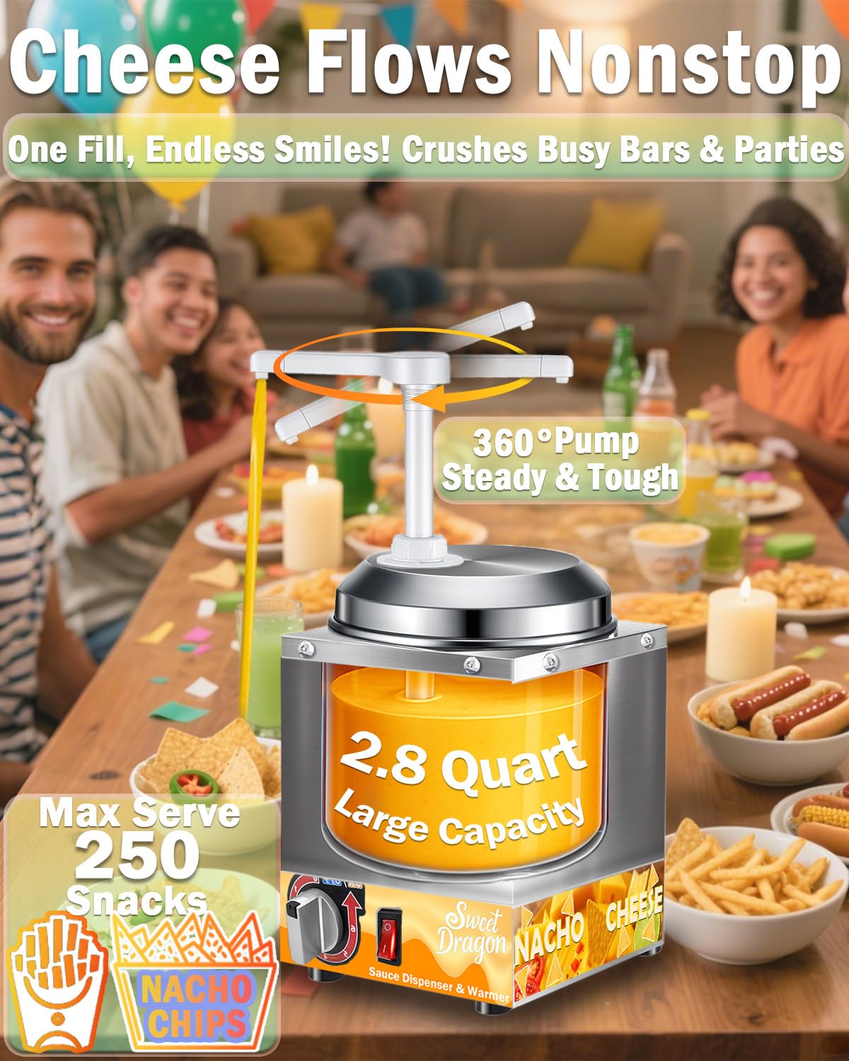 Dispensador de queso Nacho con bomba, calentador de queso nacho de 2.8 cuartos de galón, calentador de queso caliente de acero inoxidable con ajuste de temperatura de 6 niveles, dispensador de salsa
