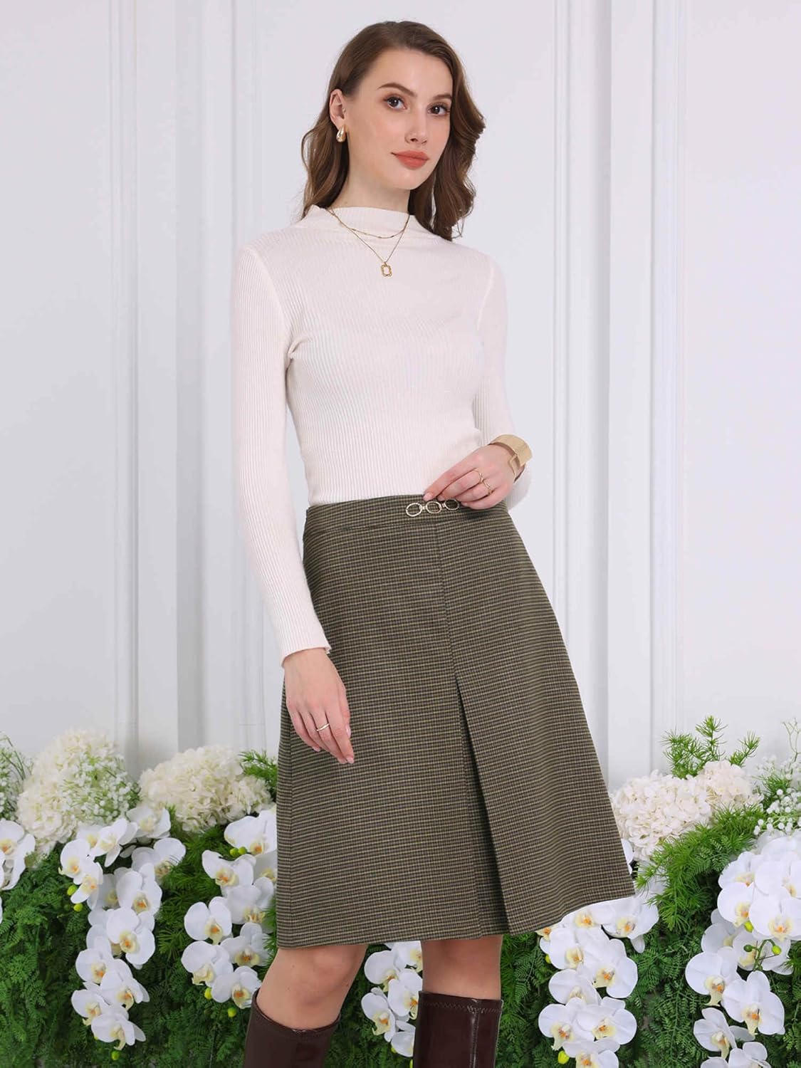 Women's Knee Lenght Skirt Office High Waist Tartan Plaid Skirt - Image 2