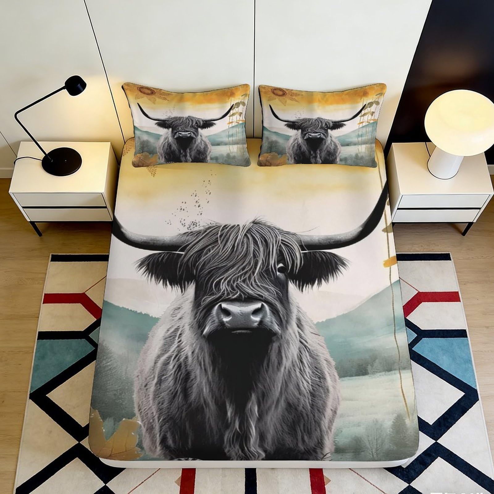 3D Printed Highland Cow Fitted Sheet Microfiber Artistic Bull Mattress Cover Anti-Slip Washable for Bedroom Guest Room Decor 140x200x25cm