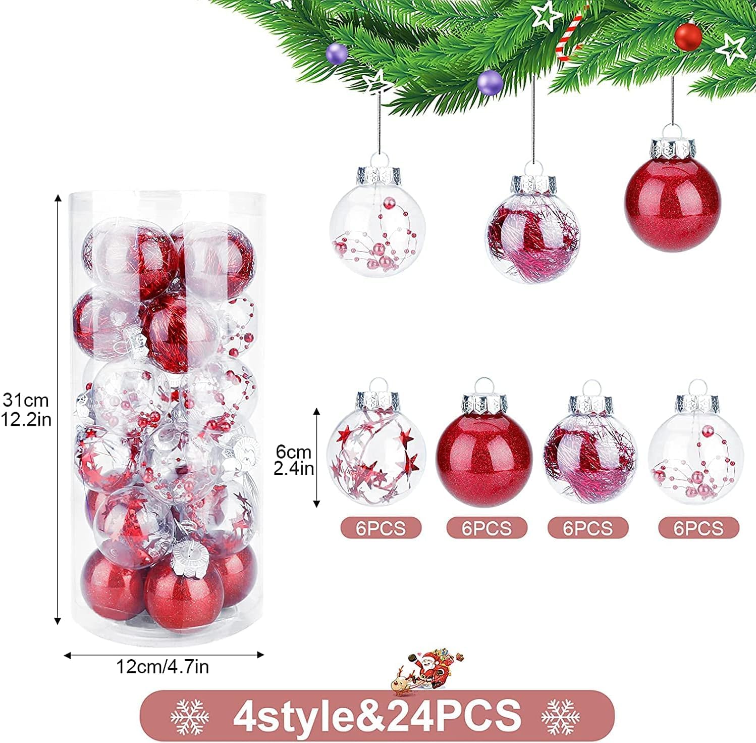 24 Piezas de 6 cm Bola Colgante de Navidad decoración del árbol de Navidad Juego Festivo decoración de Fiesta Colgante (Rojo)