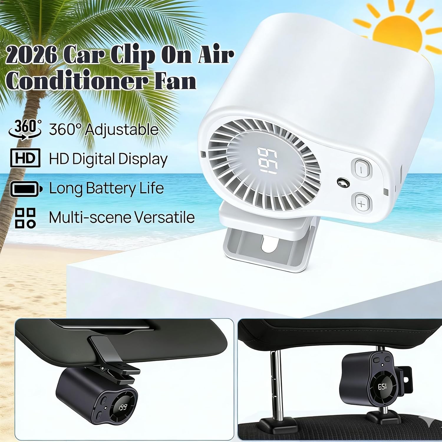 2026 Car Clip on Fan Air Conditioner with 199 Speeds, LED Display & 360° Rotation, 1500mAh Battery, 16°C Cooling, Wide Clip for Car Vent, Desk, Camping (black)