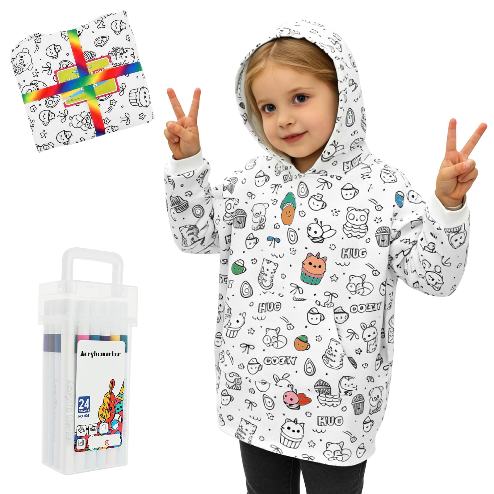 DIY Coloring Hoodie with 24 Colors Permanent Markers Clothes Drawing Art Project Color Your Own Wearable Craft Kit DIY Soft Hand Draw Blanket Hoodie for Kids Adults(4-7 ages)