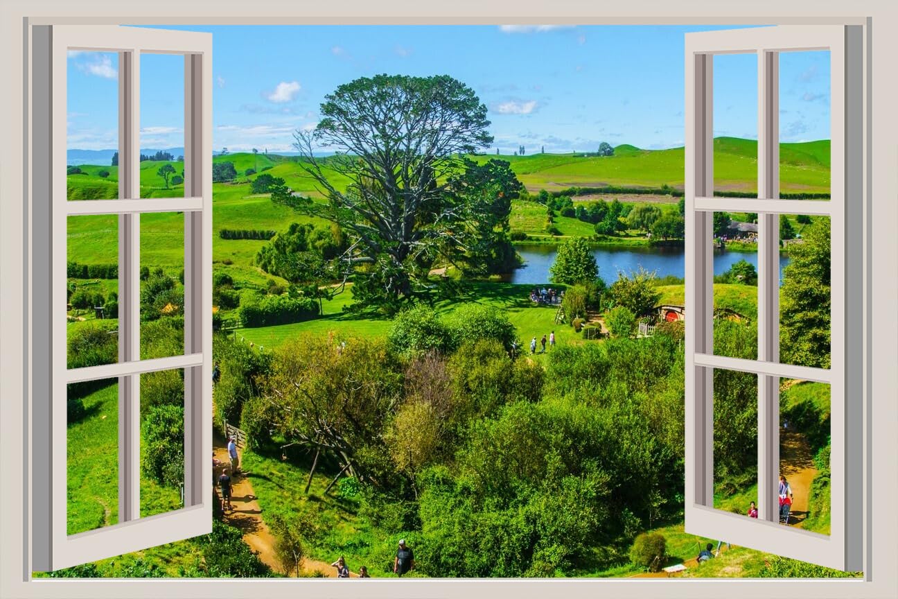 JVERF - JZZA25304 New Zealand Parks Scenery Pond Matamata Hobbit| Self-Adhesive Open Window Wall Sticker