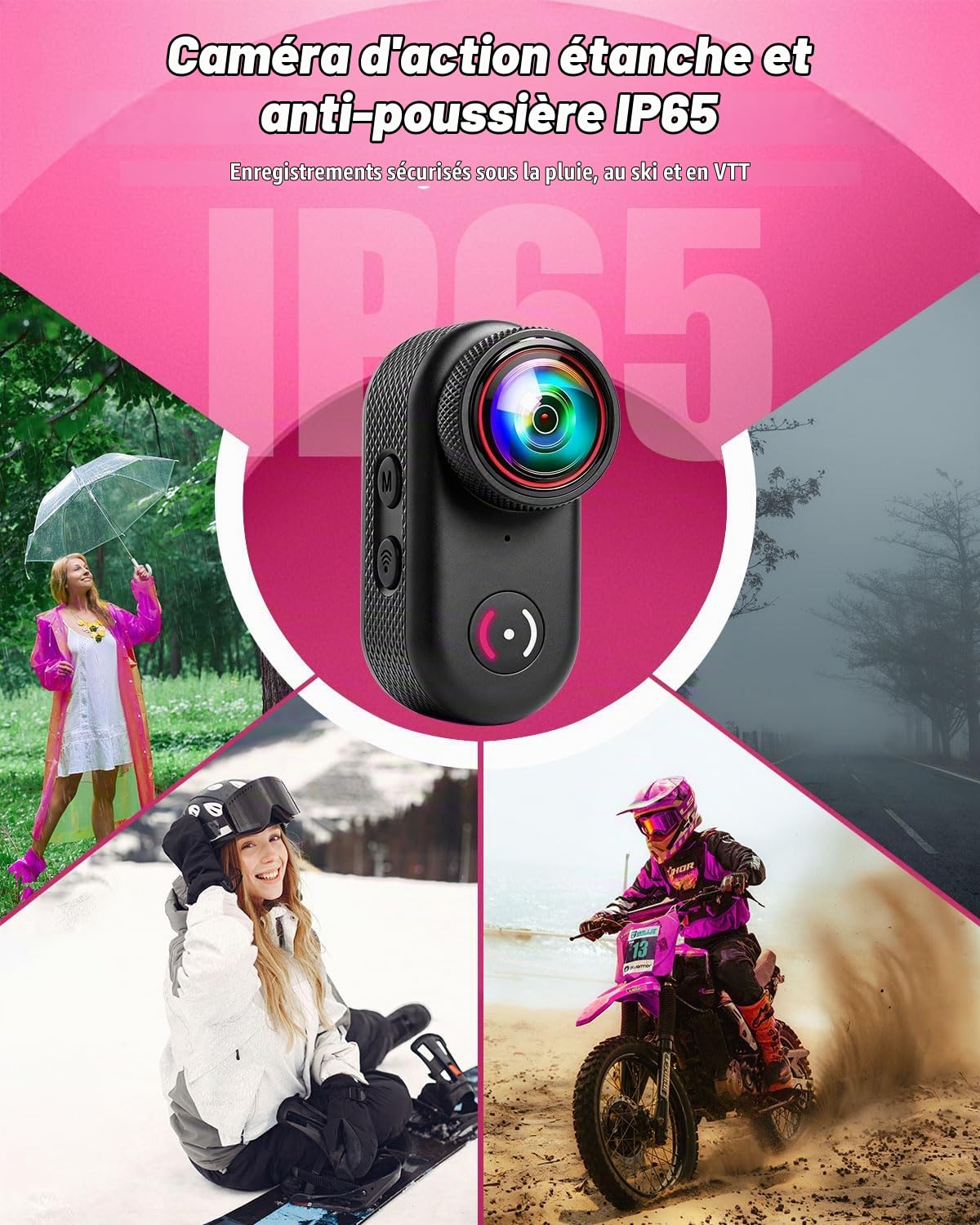 Caméra Sport avec Mini Caméra Magnétique Wi-FI, Camera Vlog écran de 1,47", Clip Rotatif à 360°, Grand Angle de 150°, étanche IP65, Dashcam Moto pour Vlogging et Voyage