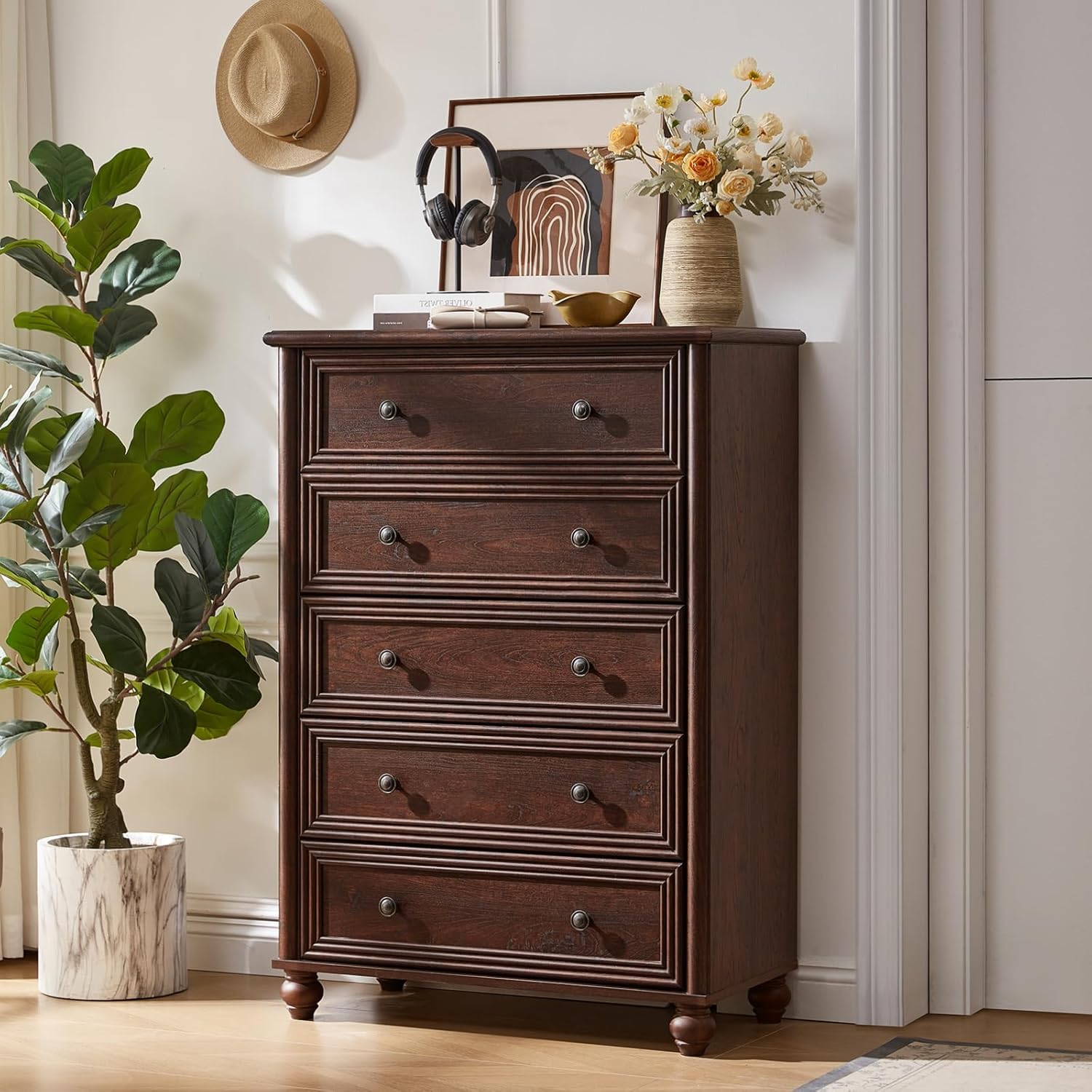 Farmhouse 5 Drawers Dresser for Bedroom, Wood 45" Tall Chest of Drawers, Dresser Rustic Storage Dressers Organizer with Metal Handle Closet for Living Room, Hallway Entryway(Walnut)