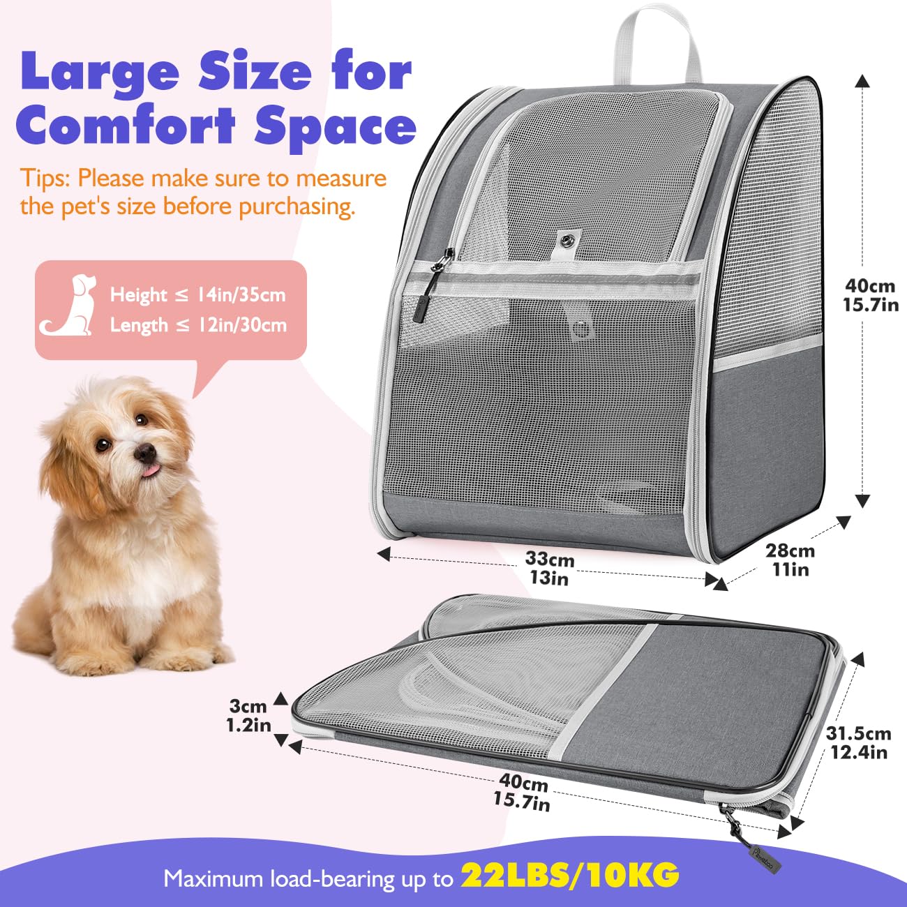 Pawaboo Mochila Portátil para Gatos y Perros, Mochila Transpirable para Mascotas con Cuerda de Seguridad Interior, Bolsa Transporte de Viaje para Gatos y Cachorros para Compras Viaje, Gris Oscuro